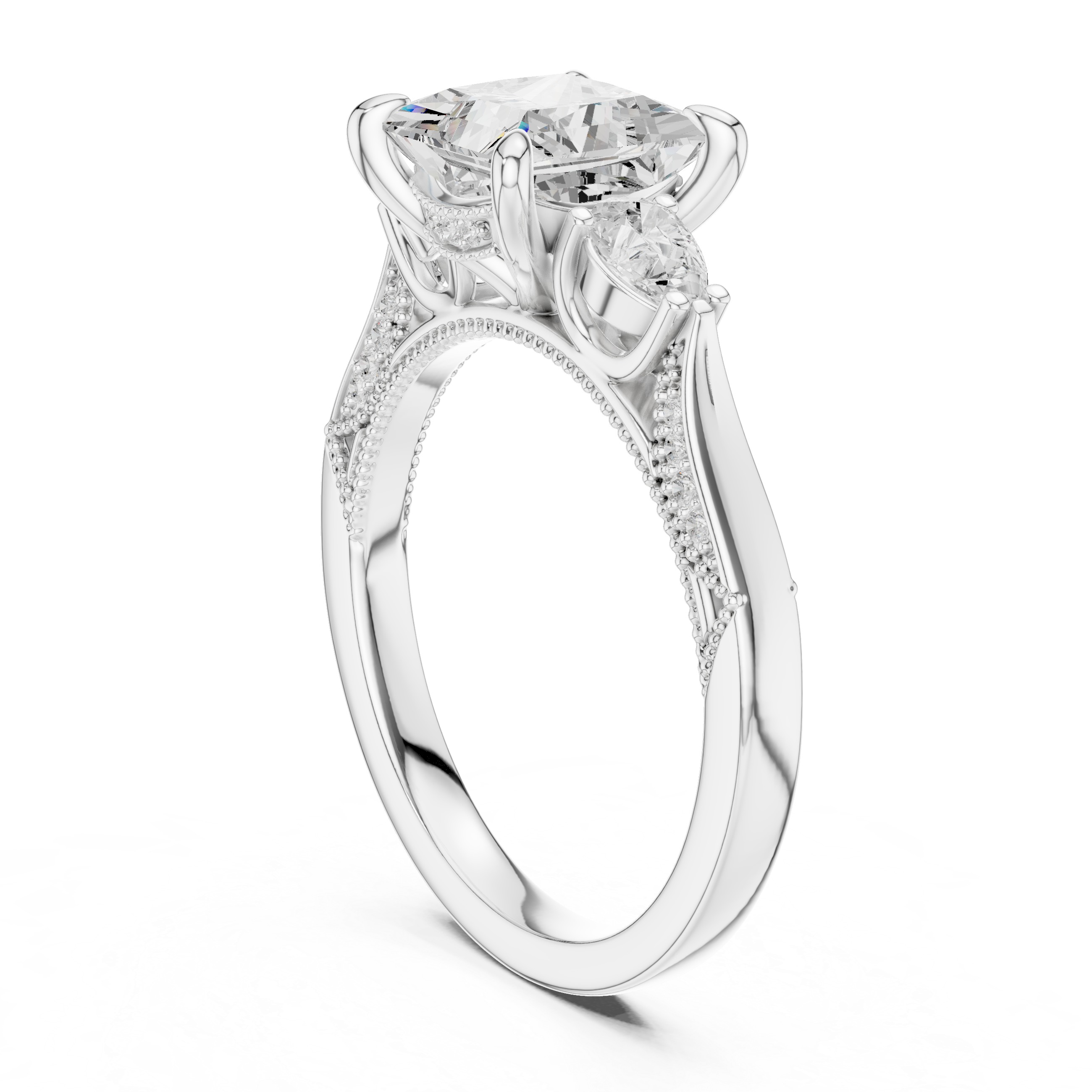 Princess Cut Three Stone Engagement Ring with Pear Side Diamonds and Hidden Halo Gallery