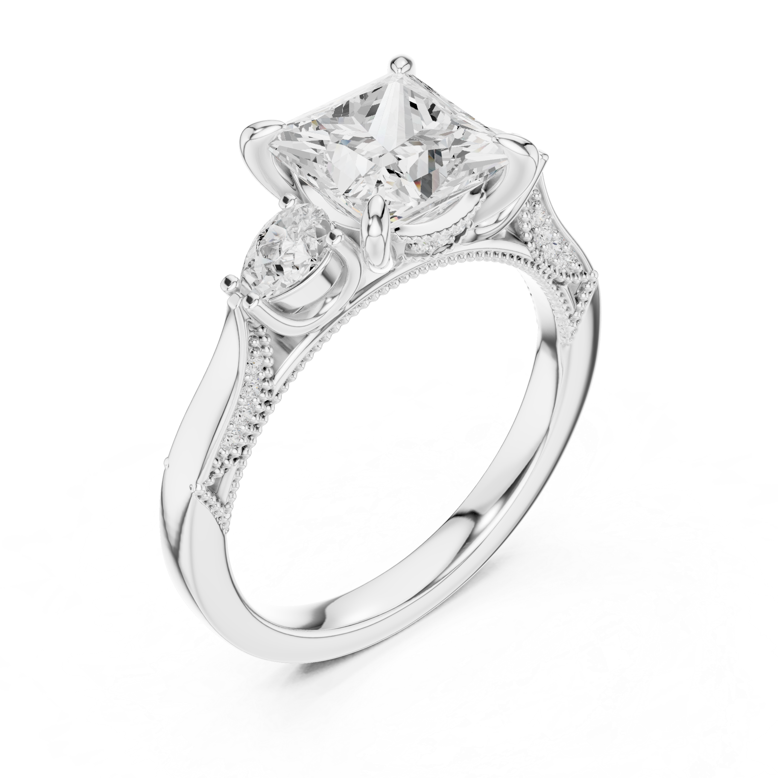 Princess Cut Three Stone Engagement Ring with Pear Side Diamonds and Hidden Halo Gallery