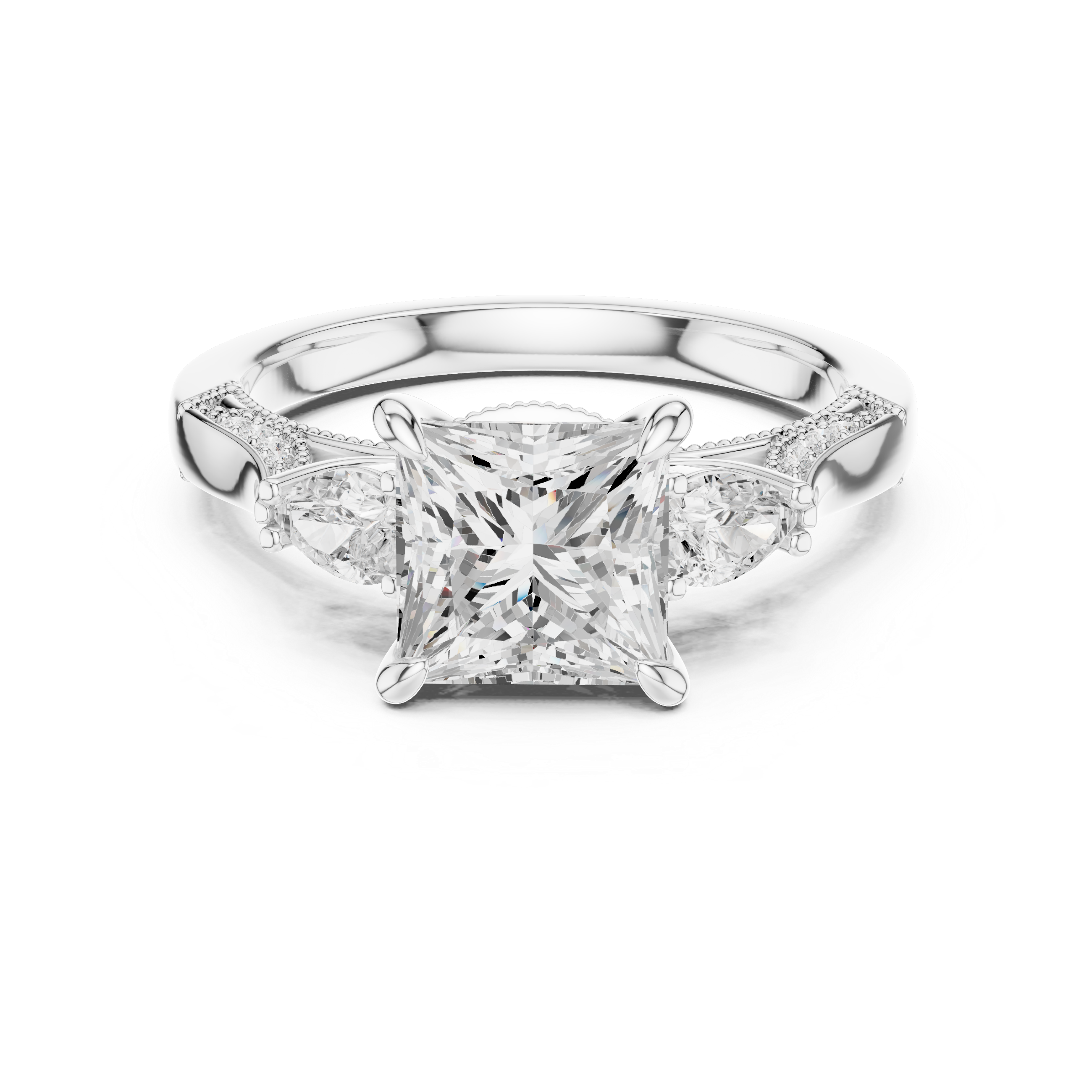 Princess Cut Three Stone Engagement Ring with Pear Side Diamonds and Hidden Halo Gallery