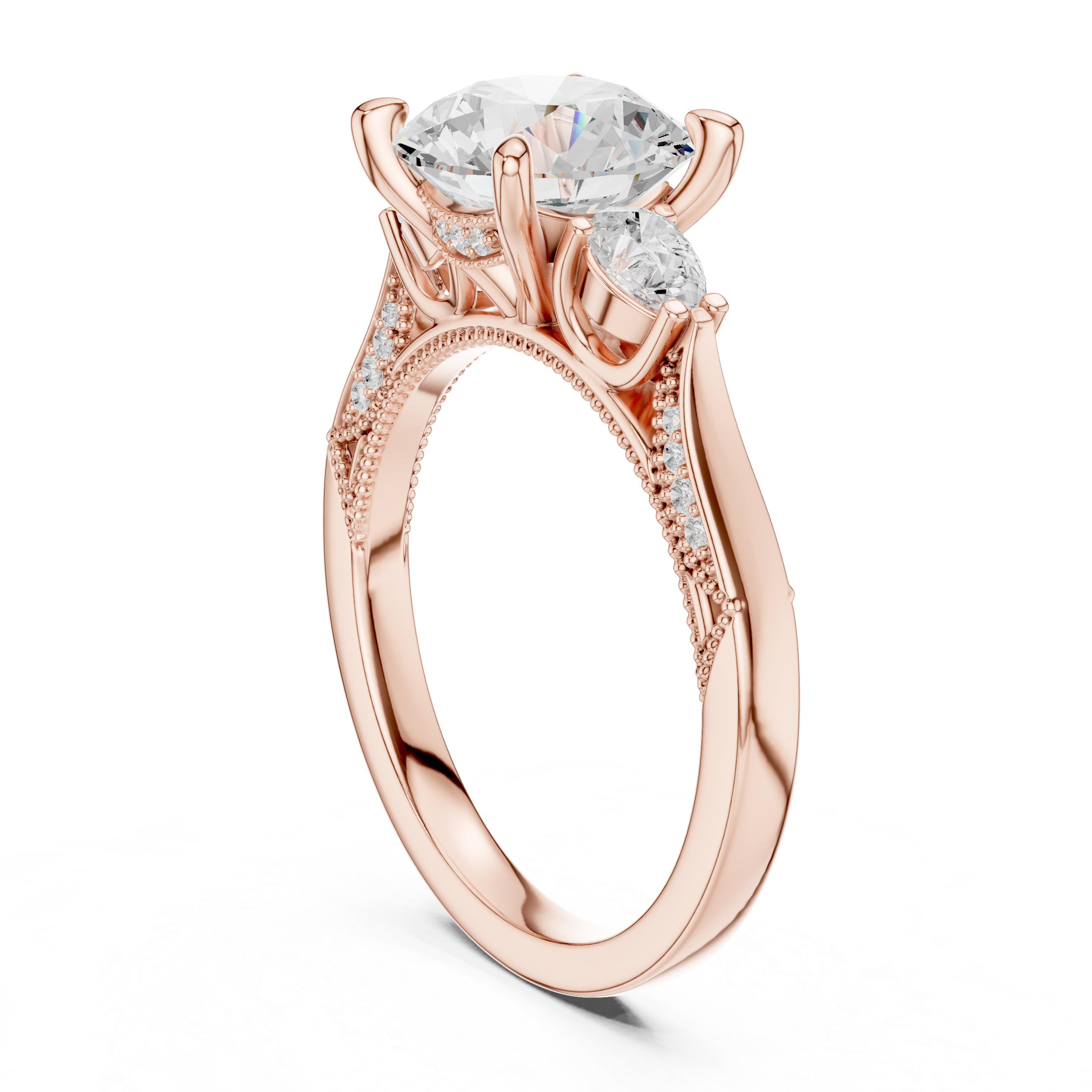 Round Brilliant Three Stone Engagement Ring with Pear Side Diamonds and Hidden Halo Detail