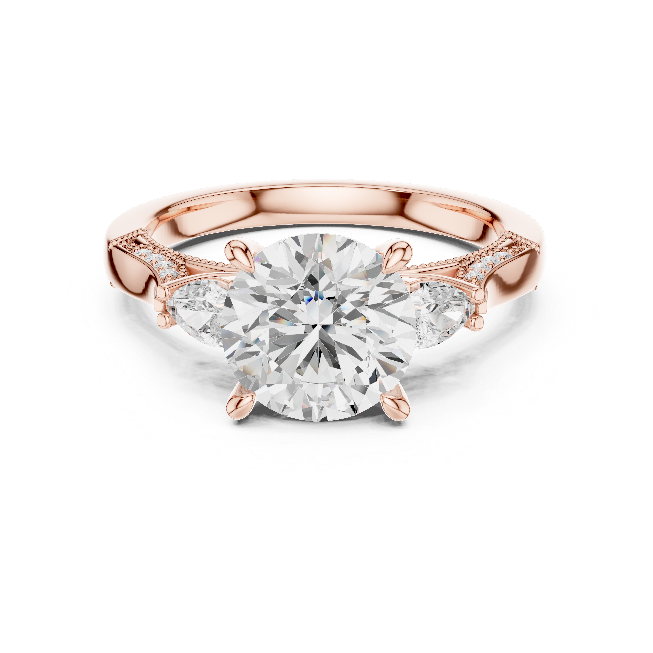 Round Brilliant Three Stone Engagement Ring with Pear Side Diamonds and Hidden Halo Detail