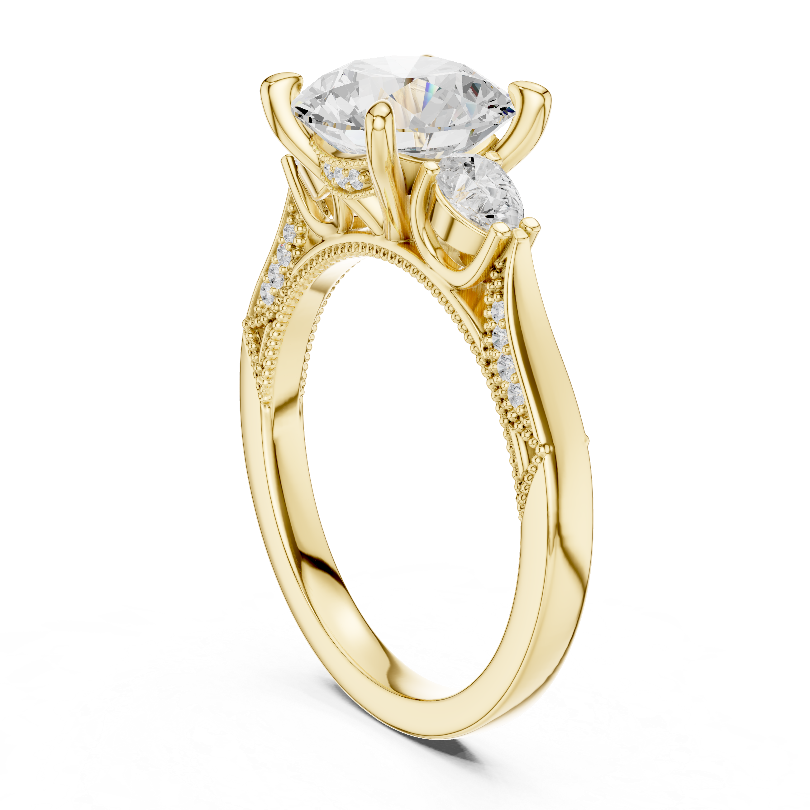 Round Brilliant Three Stone Engagement Ring with Pear Side Diamonds and Hidden Halo Detail
