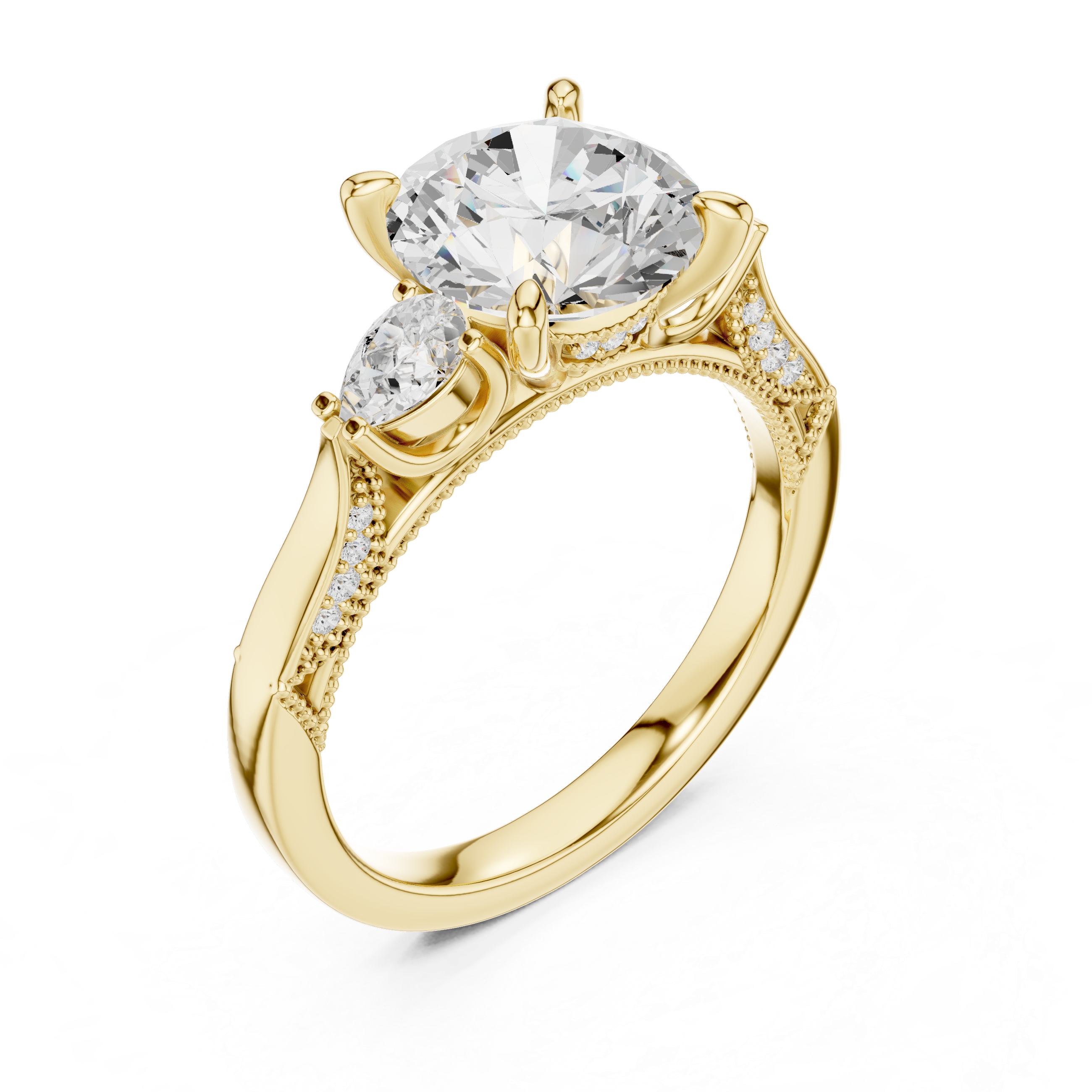 Round Brilliant Three Stone Engagement Ring with Pear Side Diamonds and Hidden Halo Detail