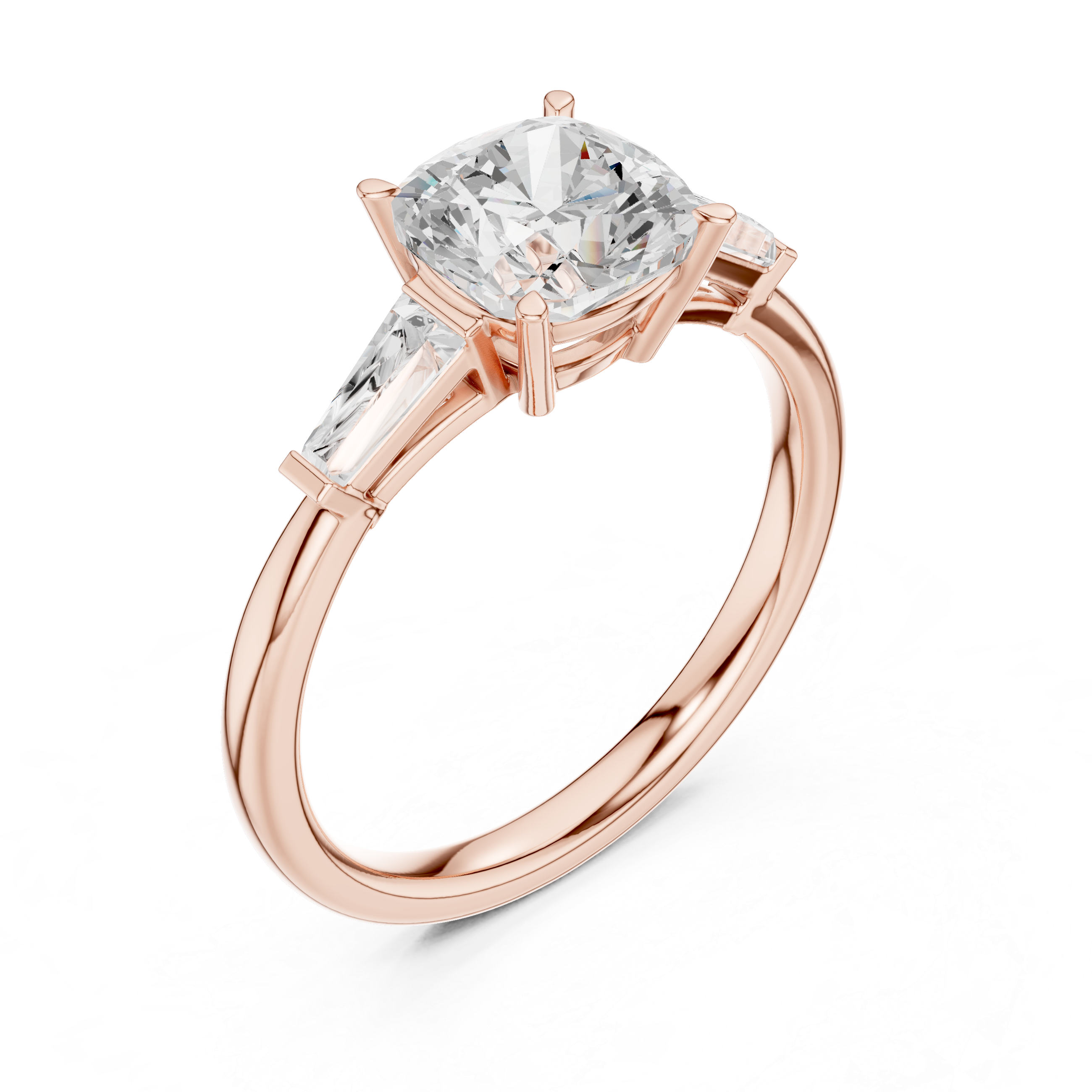 Cushion Cut Three Stone Engagement Ring with Tapered Baguette Side Stones – Classic Solitaire Style