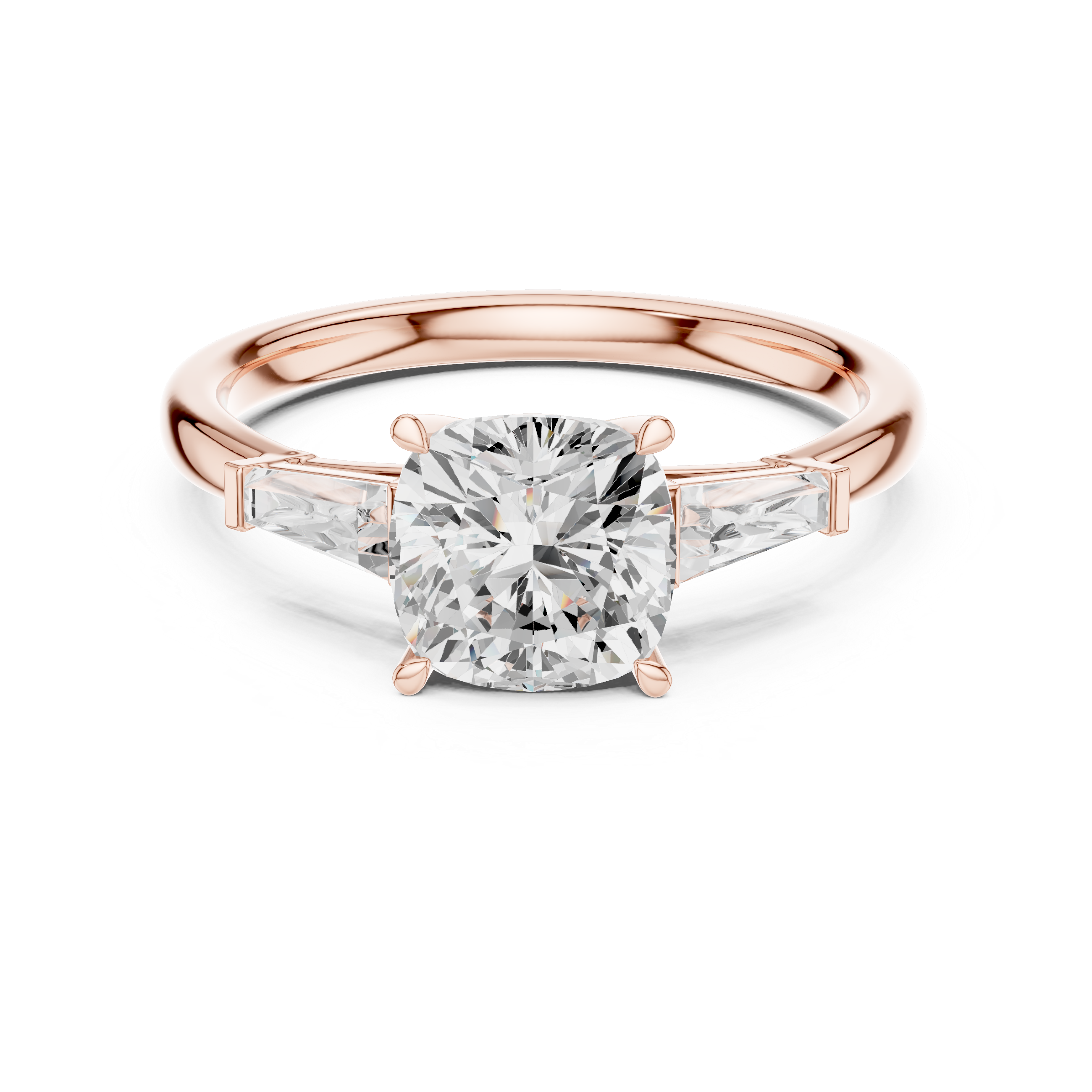 Cushion Cut Three Stone Engagement Ring with Tapered Baguette Side Stones – Classic Solitaire Style