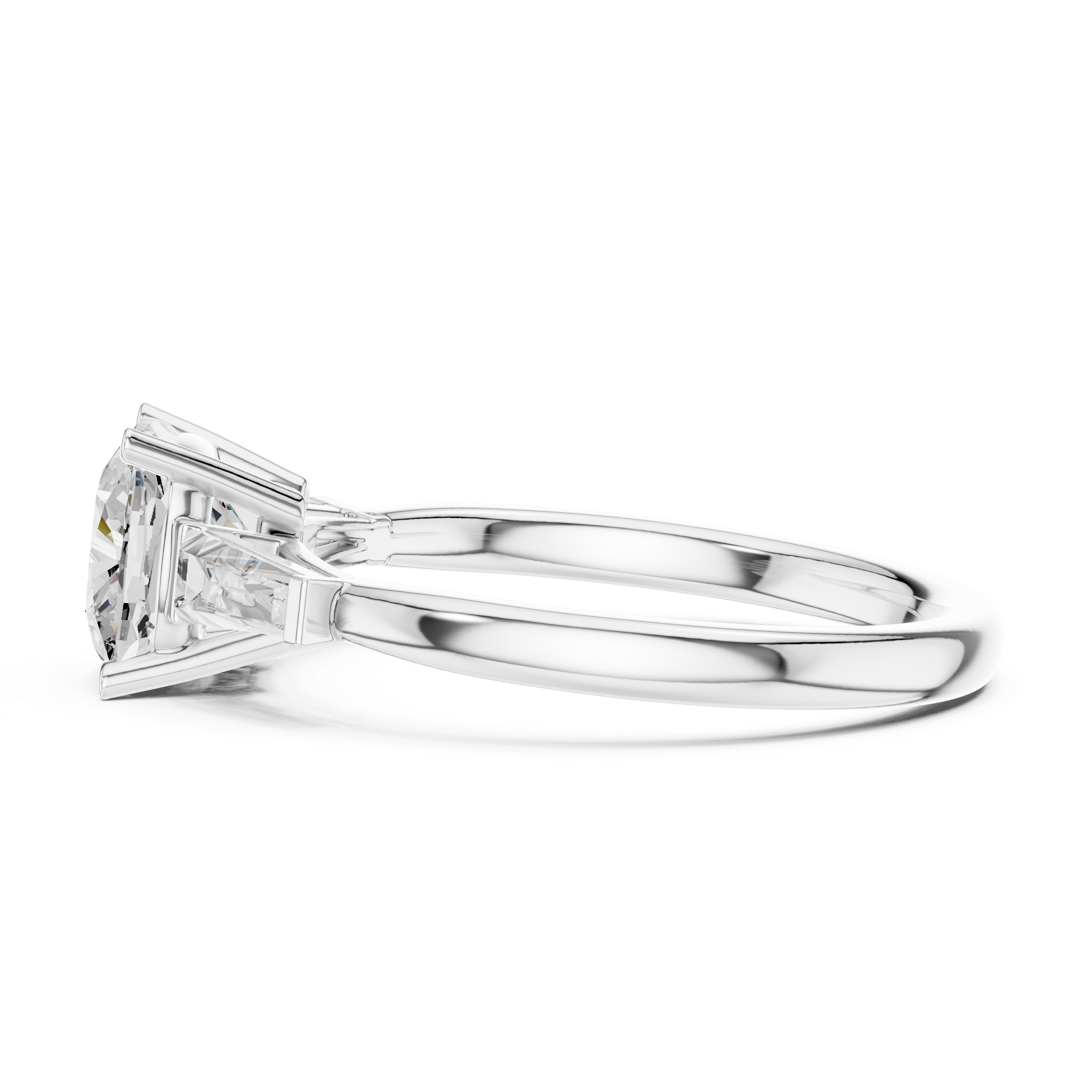 Cushion Cut Three Stone Engagement Ring with Tapered Baguette Side Stones – Classic Solitaire Style