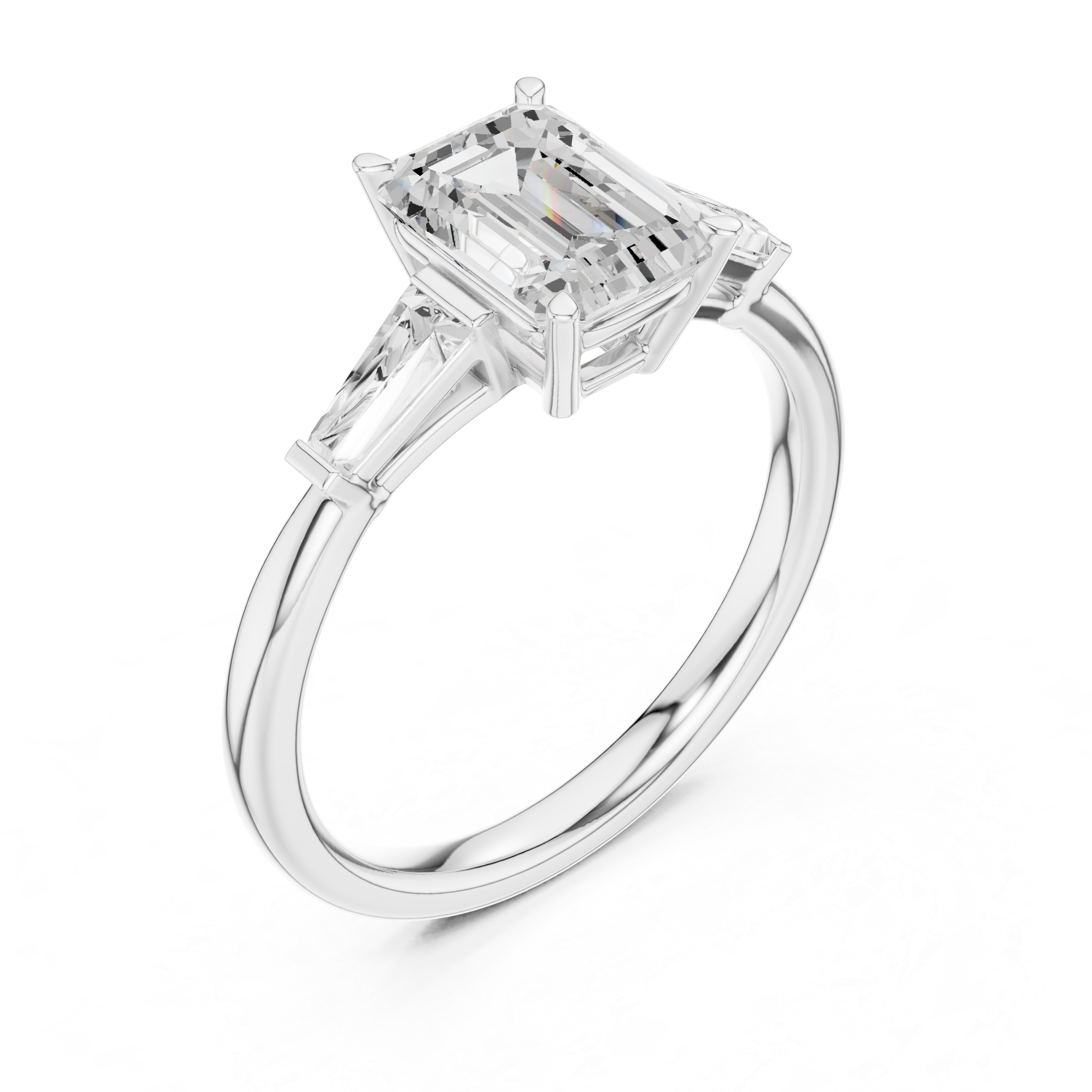 Emerald Cut Three Stone Engagement Ring with Tapered Baguette Side Diamonds – Classic Minimalist Ring