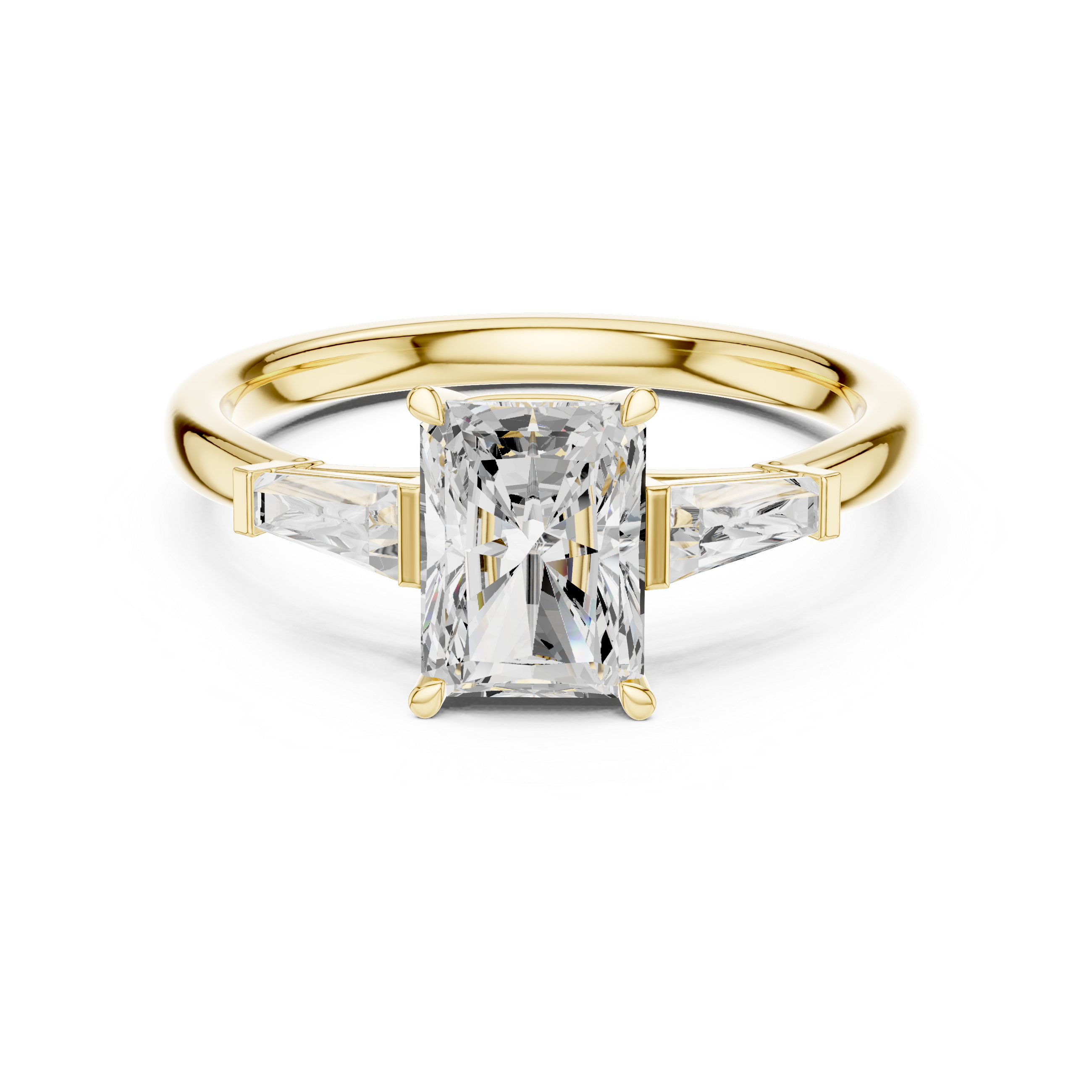 Radiant Cut Three Stone Engagement Ring with Tapered Baguette Side Stones – Minimalist Luxury Ring