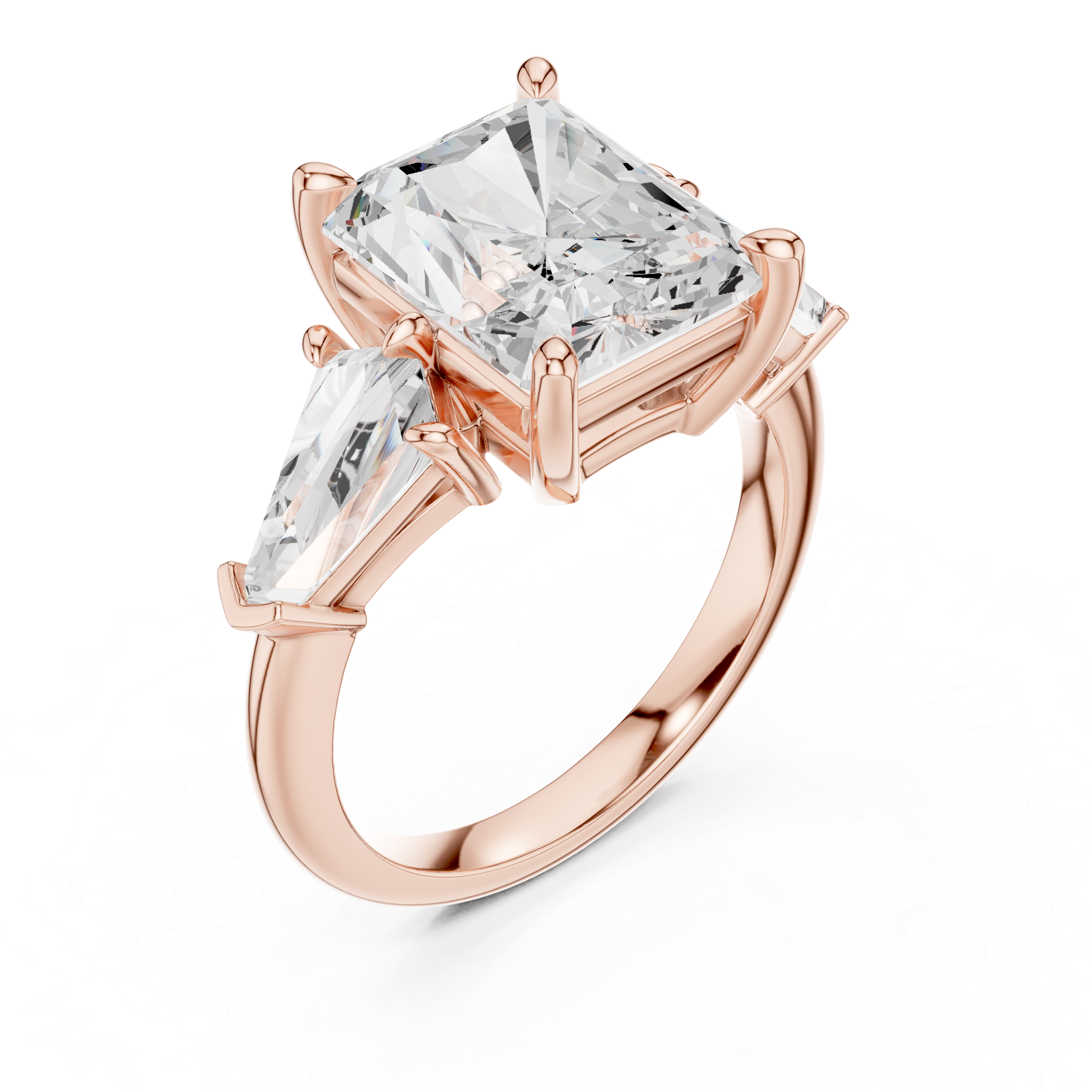 Radiant Cut Three Stone Engagement Ring with Kite Side Diamonds – Modern Statement Ring