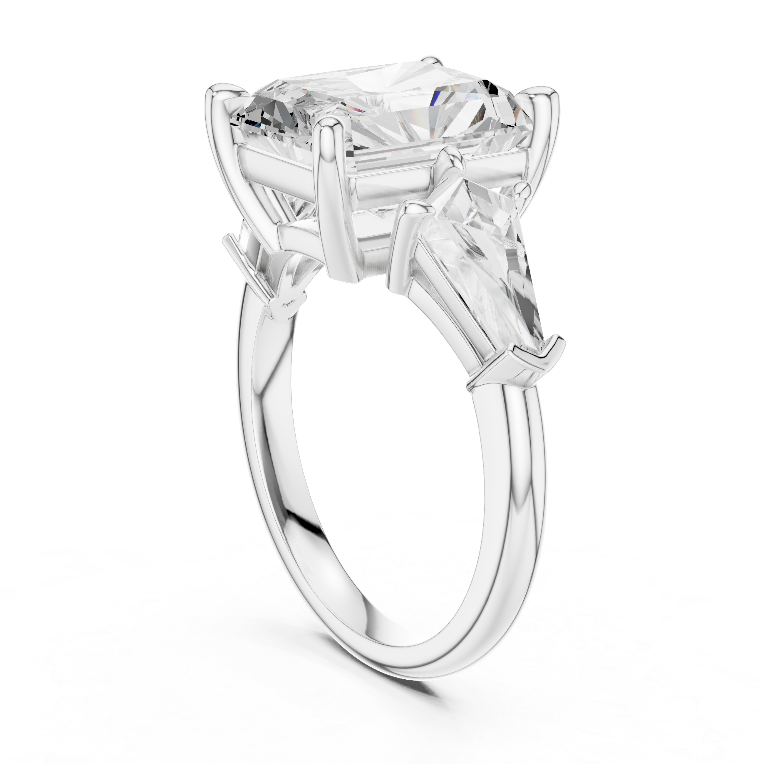Radiant Cut Three Stone Engagement Ring with Kite Side Diamonds – Modern Statement Ring