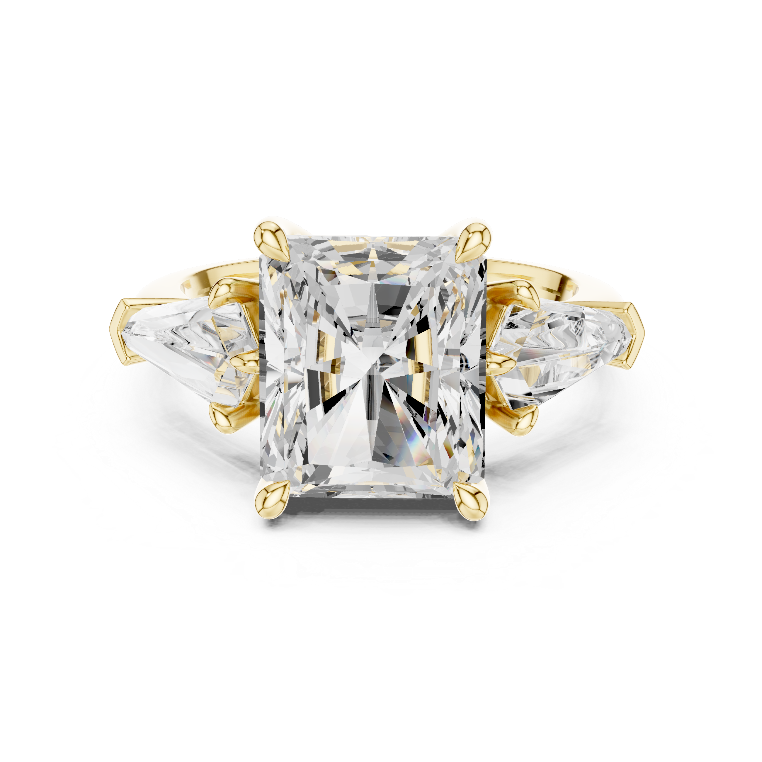 Radiant Cut Three Stone Engagement Ring with Kite Side Diamonds – Modern Statement Ring