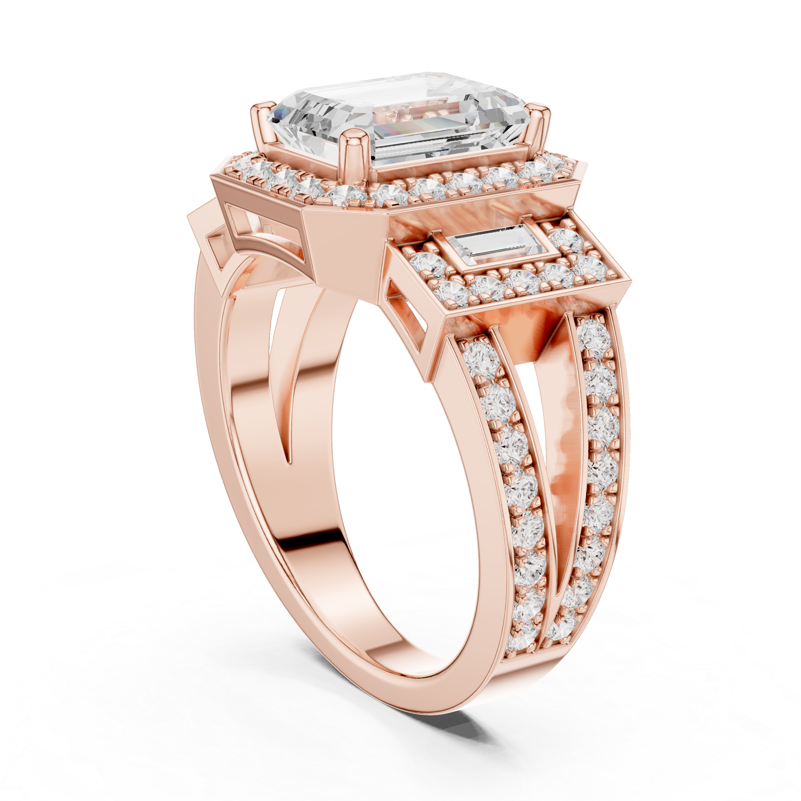 Emerald Cut Halo Engagement Ring with Baguette Side Stones – Art Deco Diamond Ring