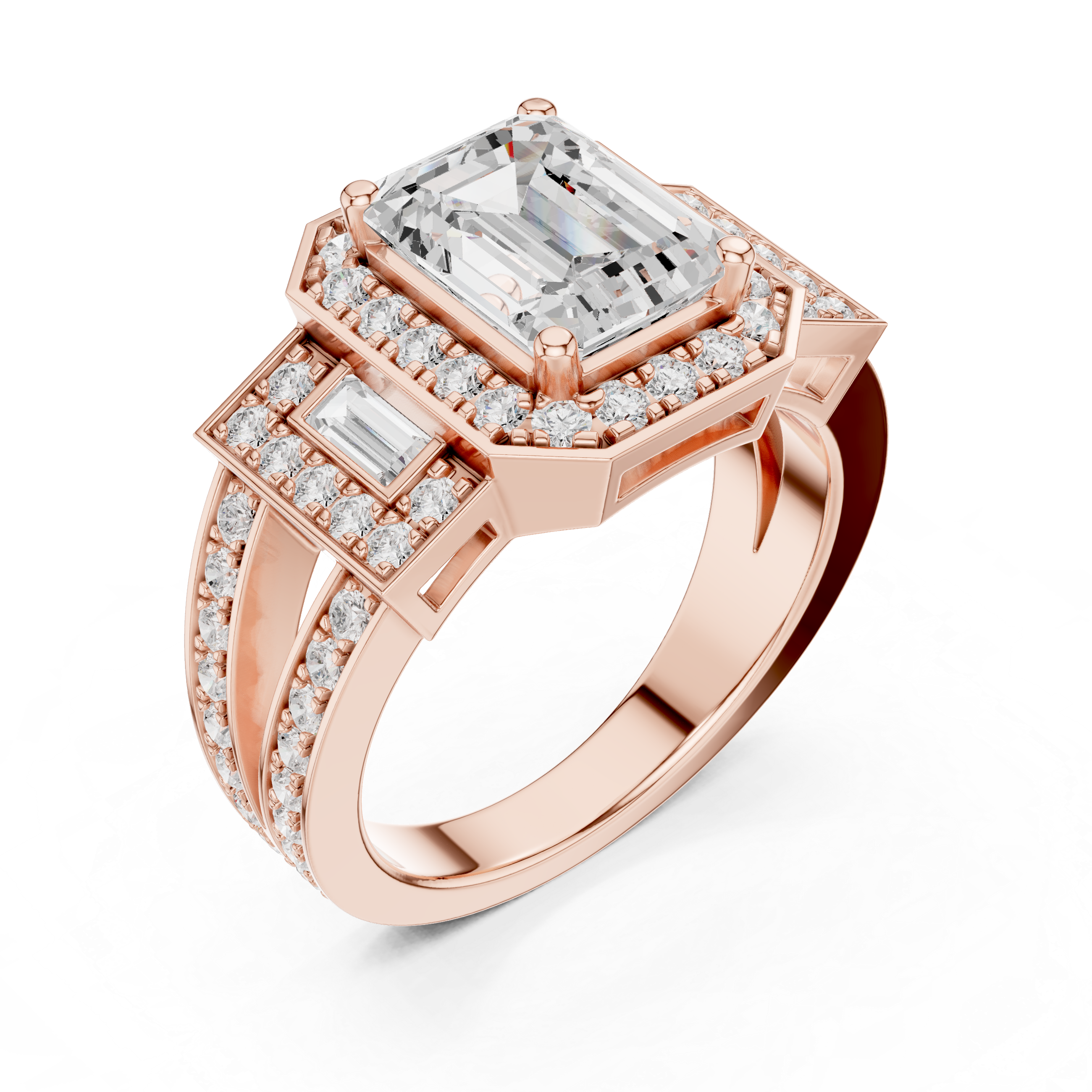 Emerald Cut Halo Engagement Ring with Baguette Side Stones – Art Deco Diamond Ring