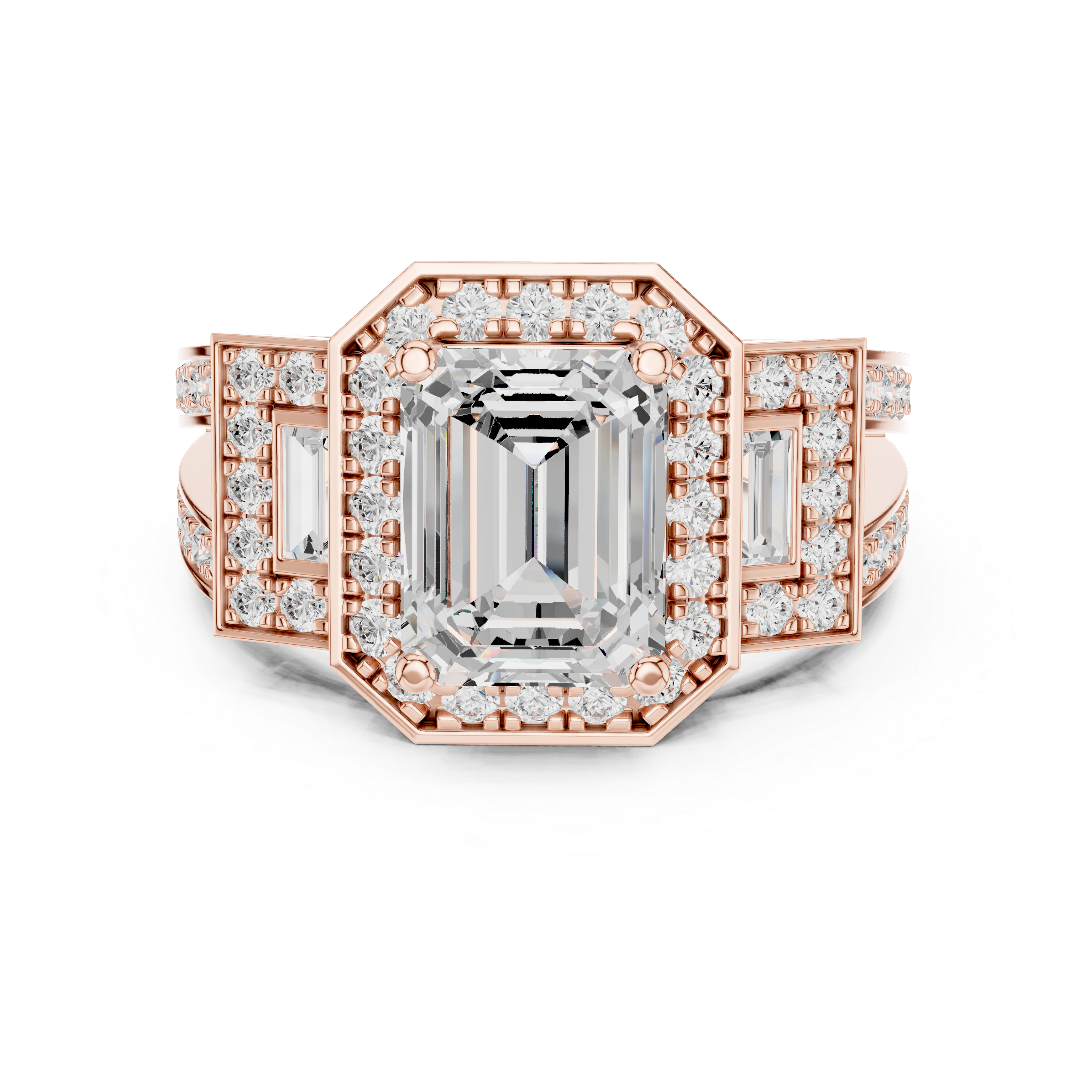 Emerald Cut Halo Engagement Ring with Baguette Side Stones – Art Deco Diamond Ring