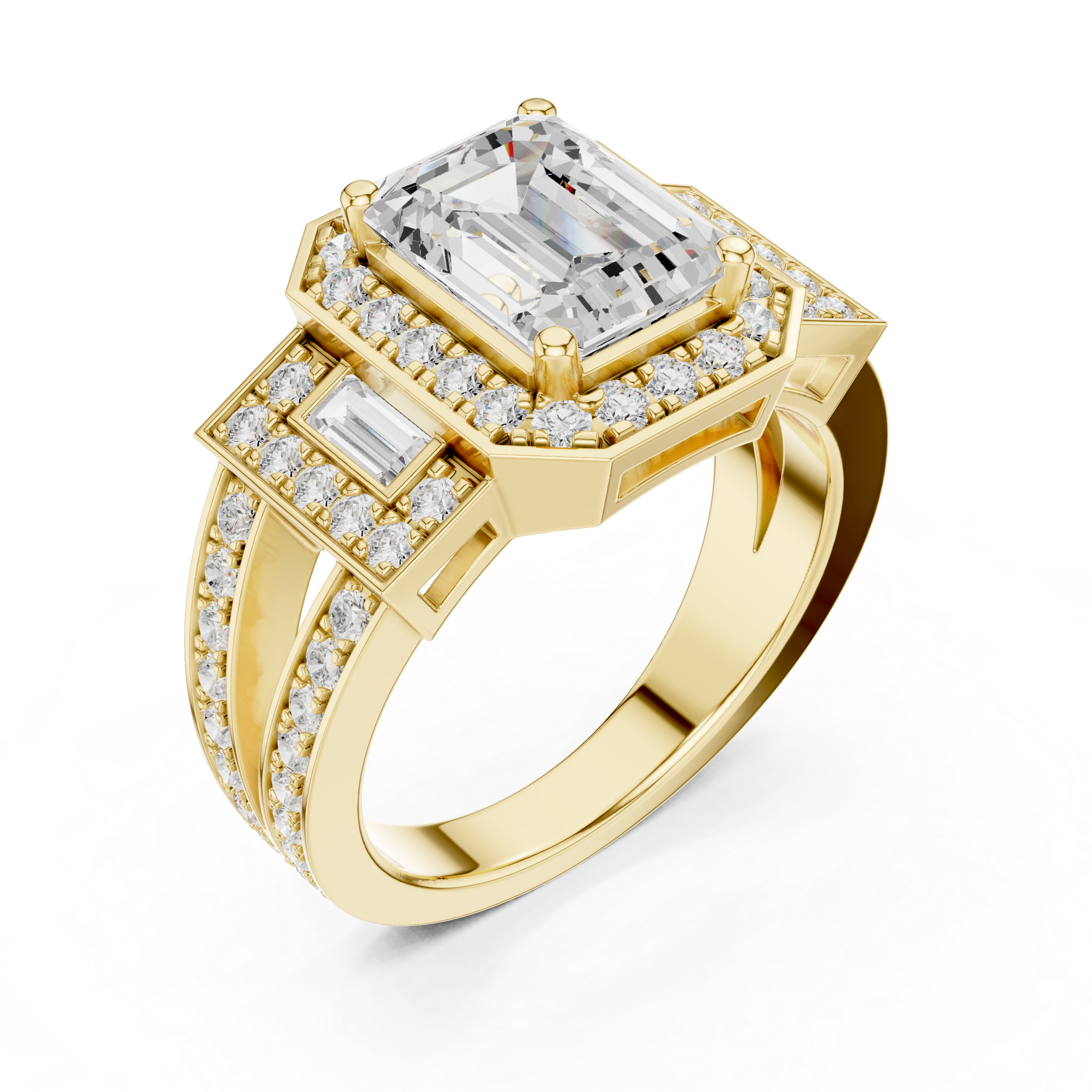 Emerald Cut Halo Engagement Ring with Baguette Side Stones – Art Deco Diamond Ring