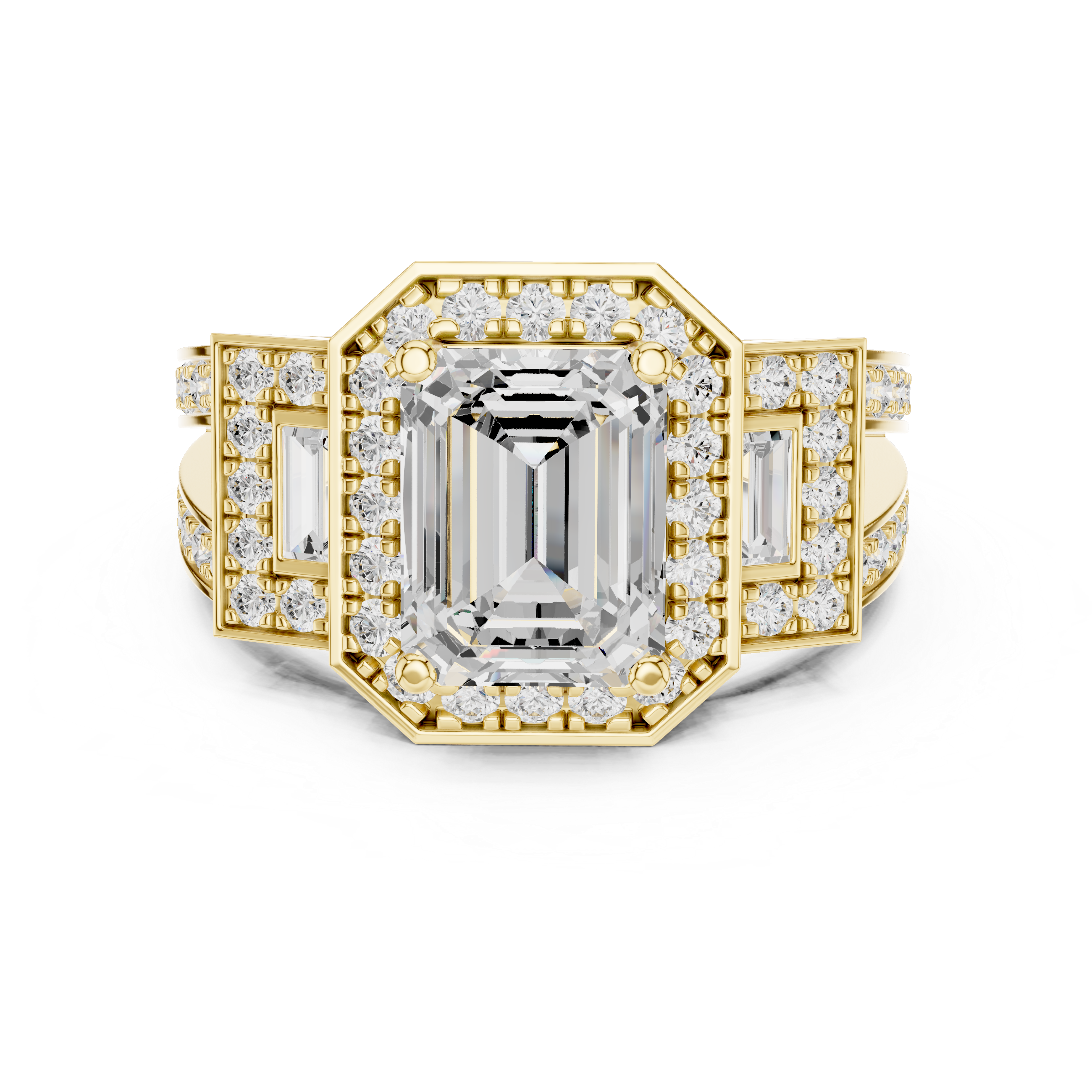 Emerald Cut Halo Engagement Ring with Baguette Side Stones – Art Deco Diamond Ring