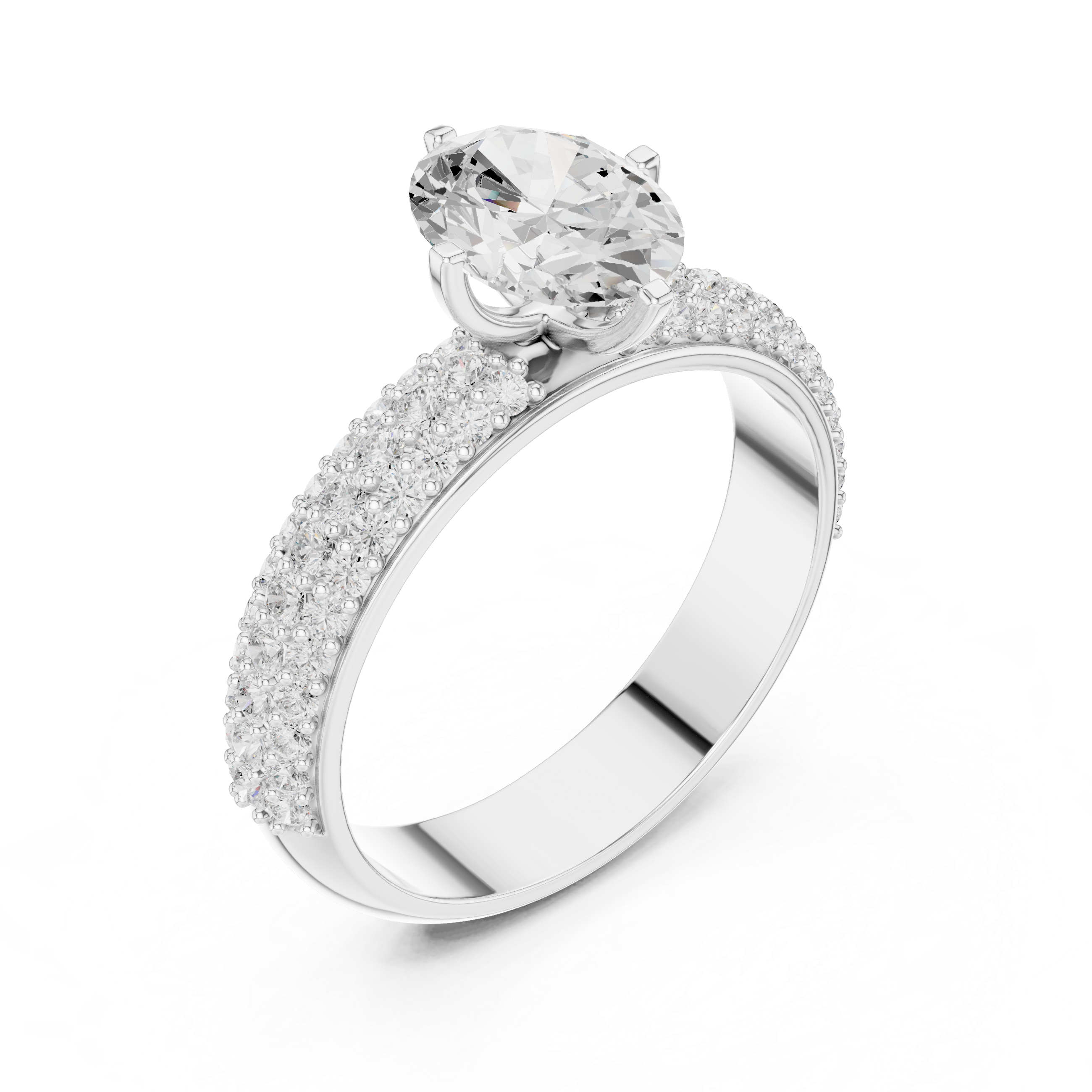 Oval Cut Pavé Engagement Ring – Triple Row Diamond Band Statement Ring