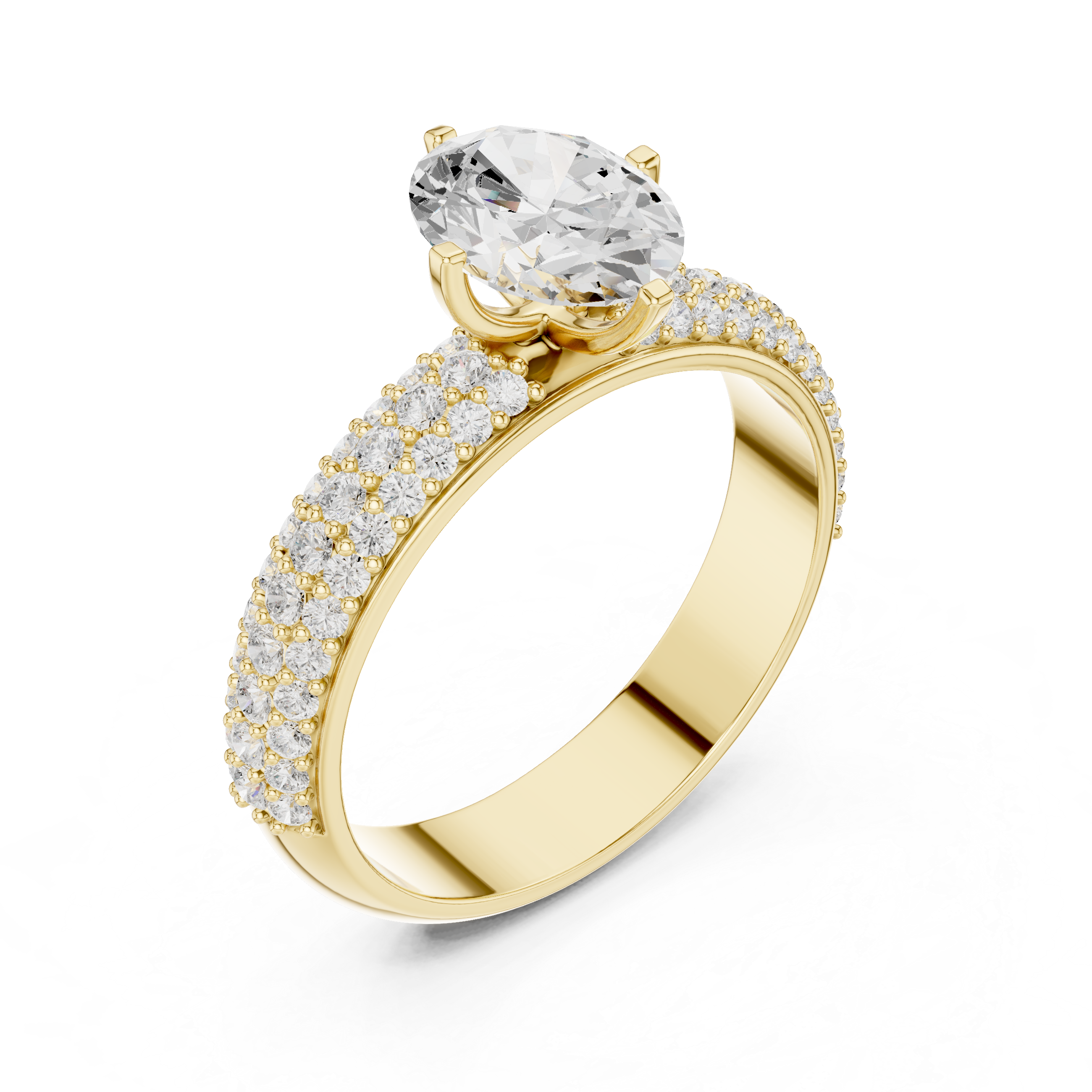 Oval Cut Pavé Engagement Ring – Triple Row Diamond Band Statement Ring