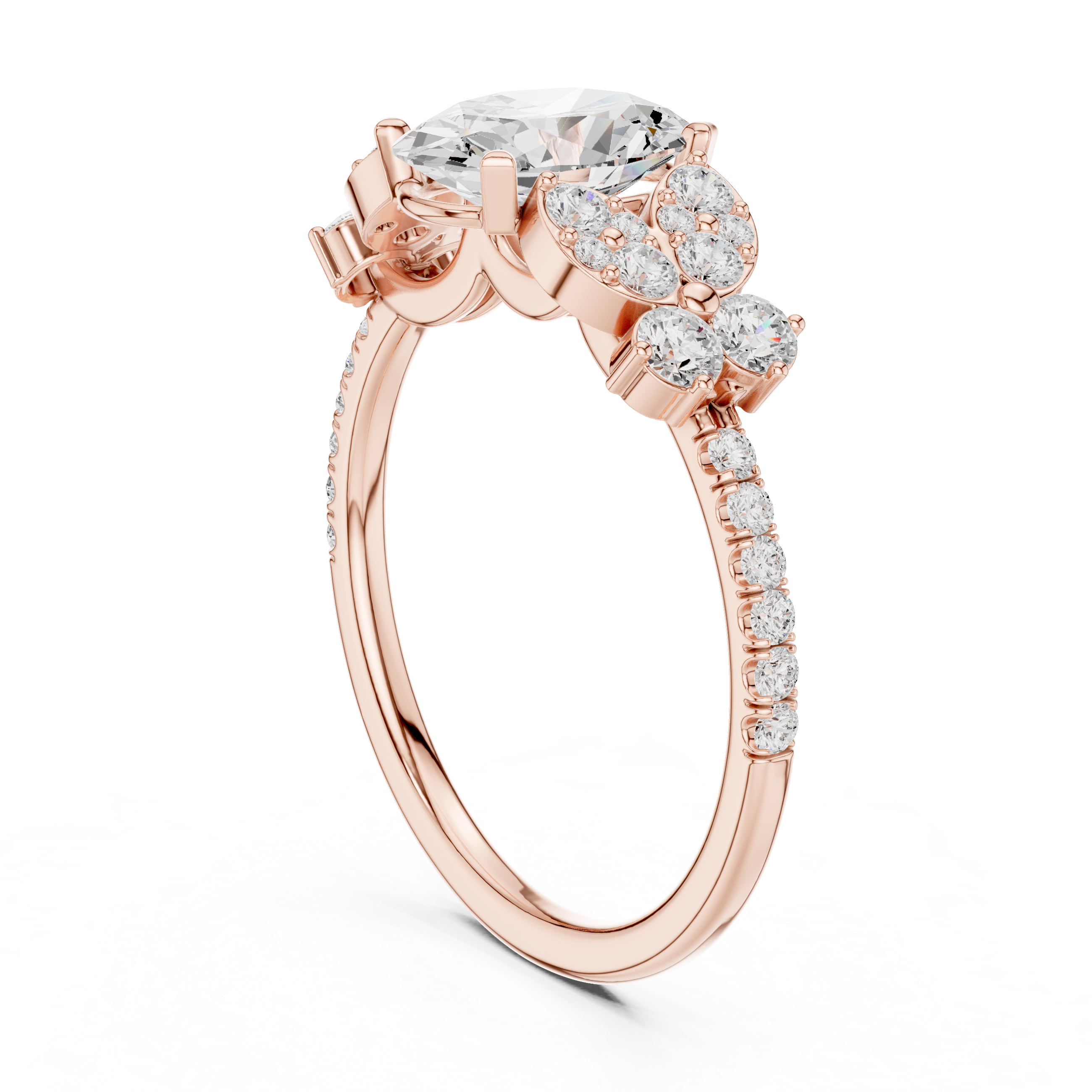 Oval Halo Engagement Ring with Floral Diamond Accents – Vintage Inspired Diamond Ring