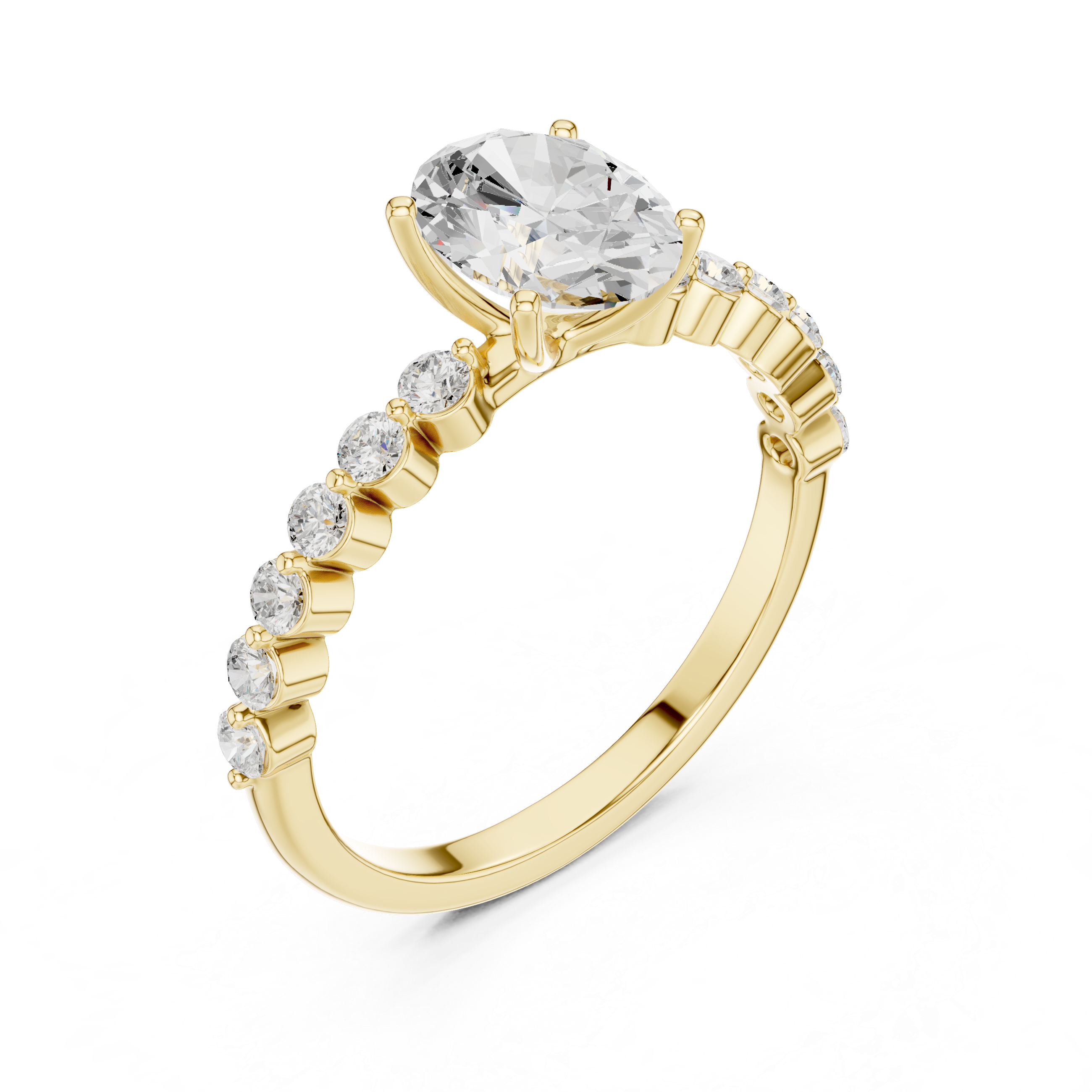 Oval Cut Solitaire Engagement Ring with Graduated Side Stones – Vintage Inspired Diamond Ring