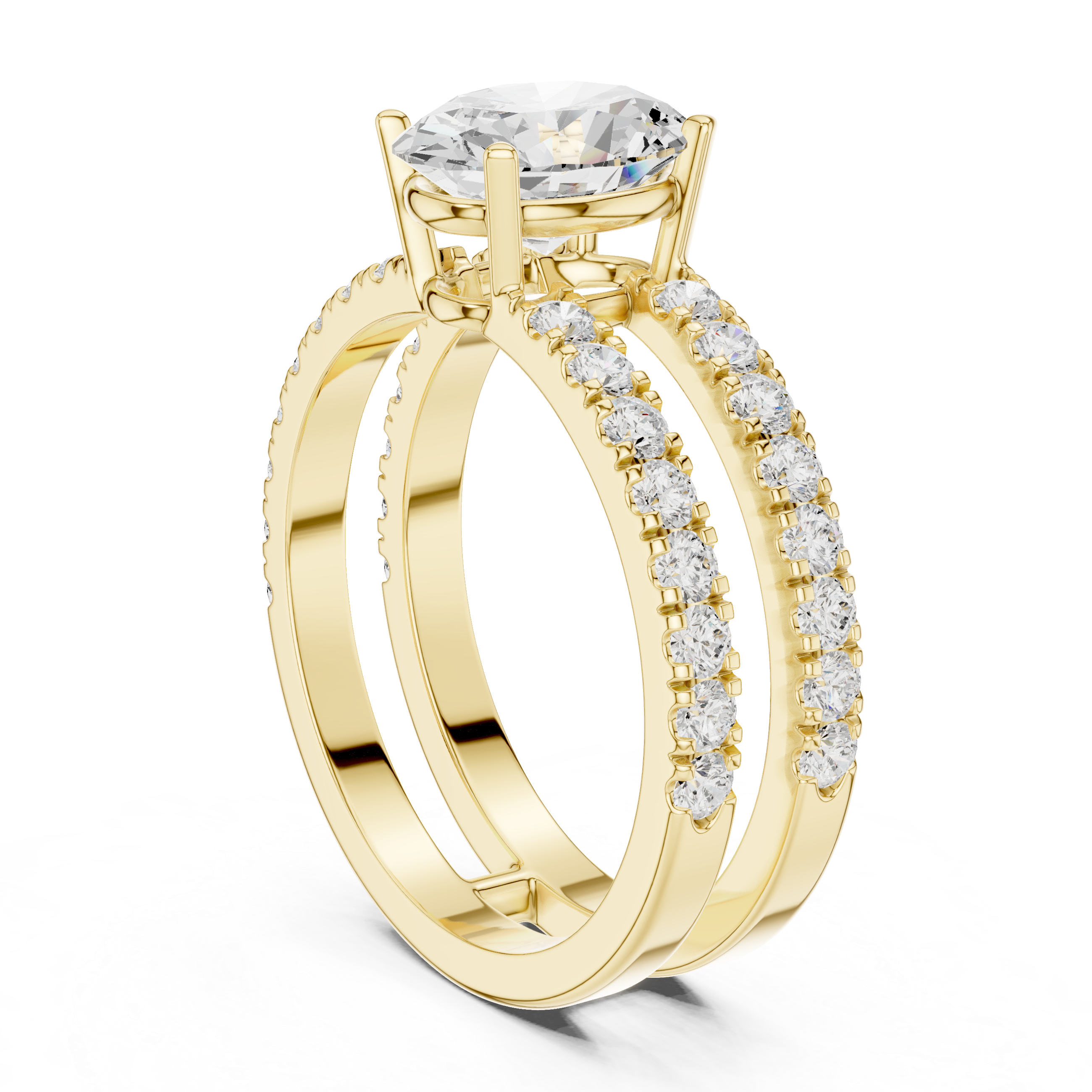 Oval Cut Double Band Engagement Ring with Pavé Diamonds – Split Shank Solitaire Ring