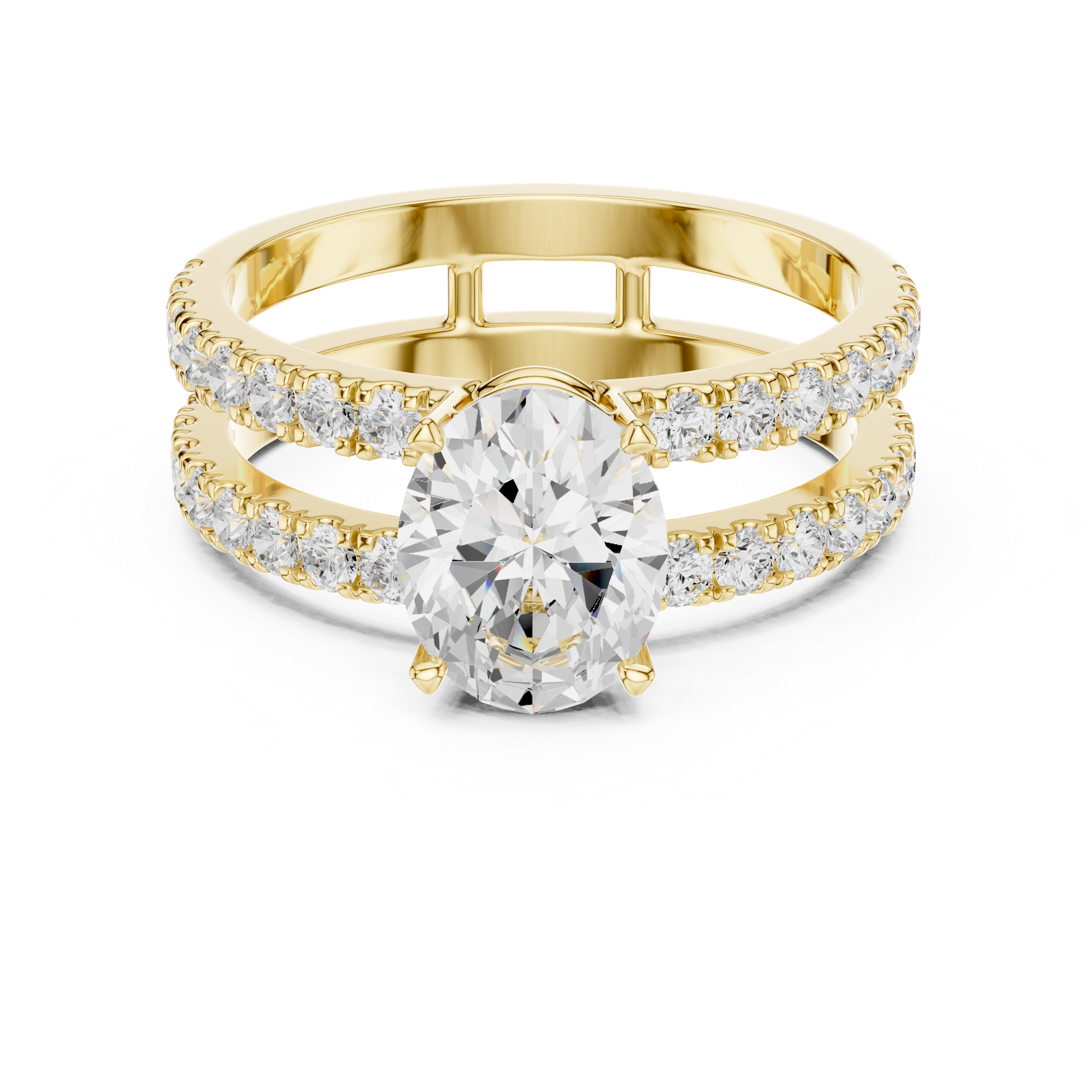 Oval Cut Double Band Engagement Ring with Pavé Diamonds – Split Shank Solitaire Ring