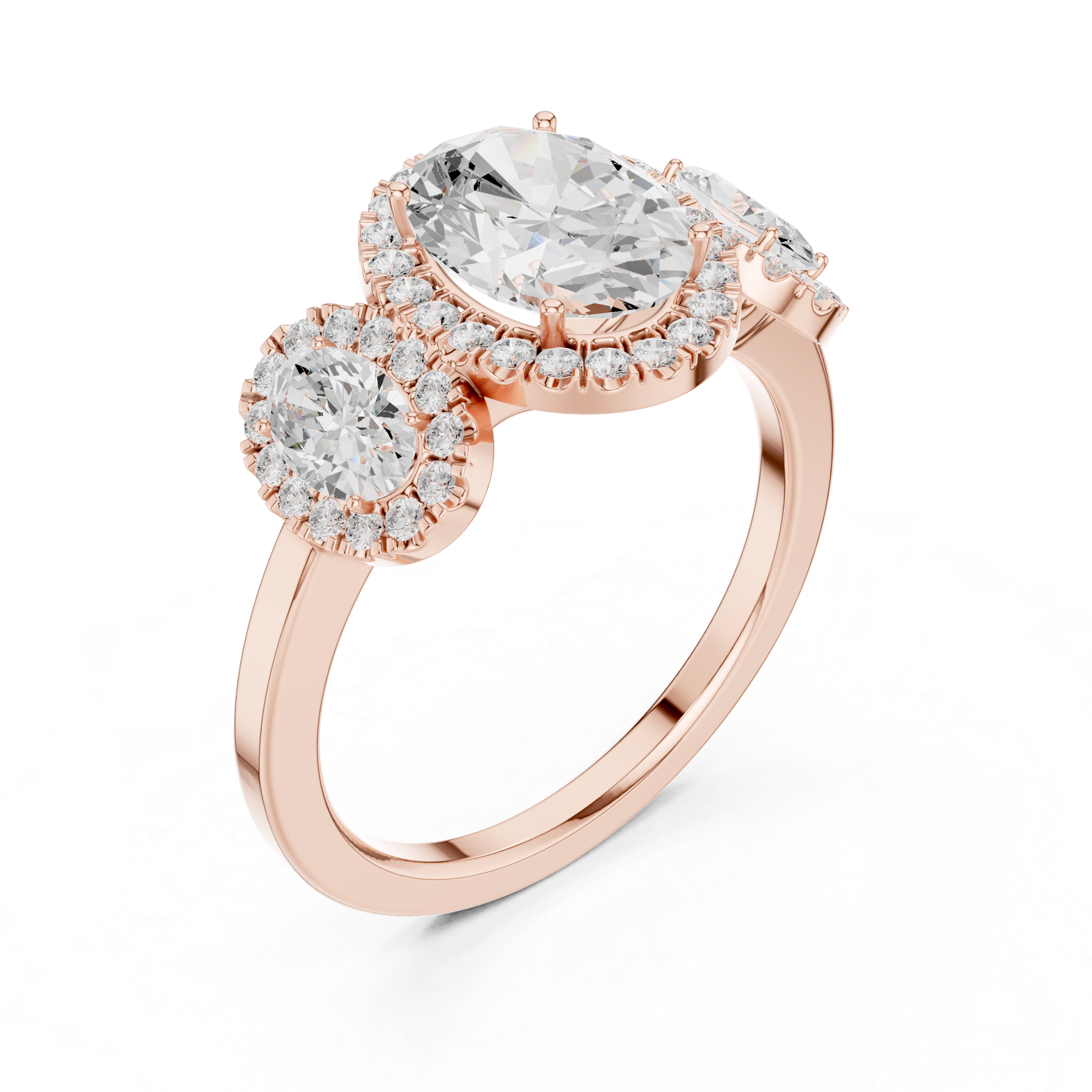 Three Stone Oval Halo Engagement Ring with Diamond Accents
