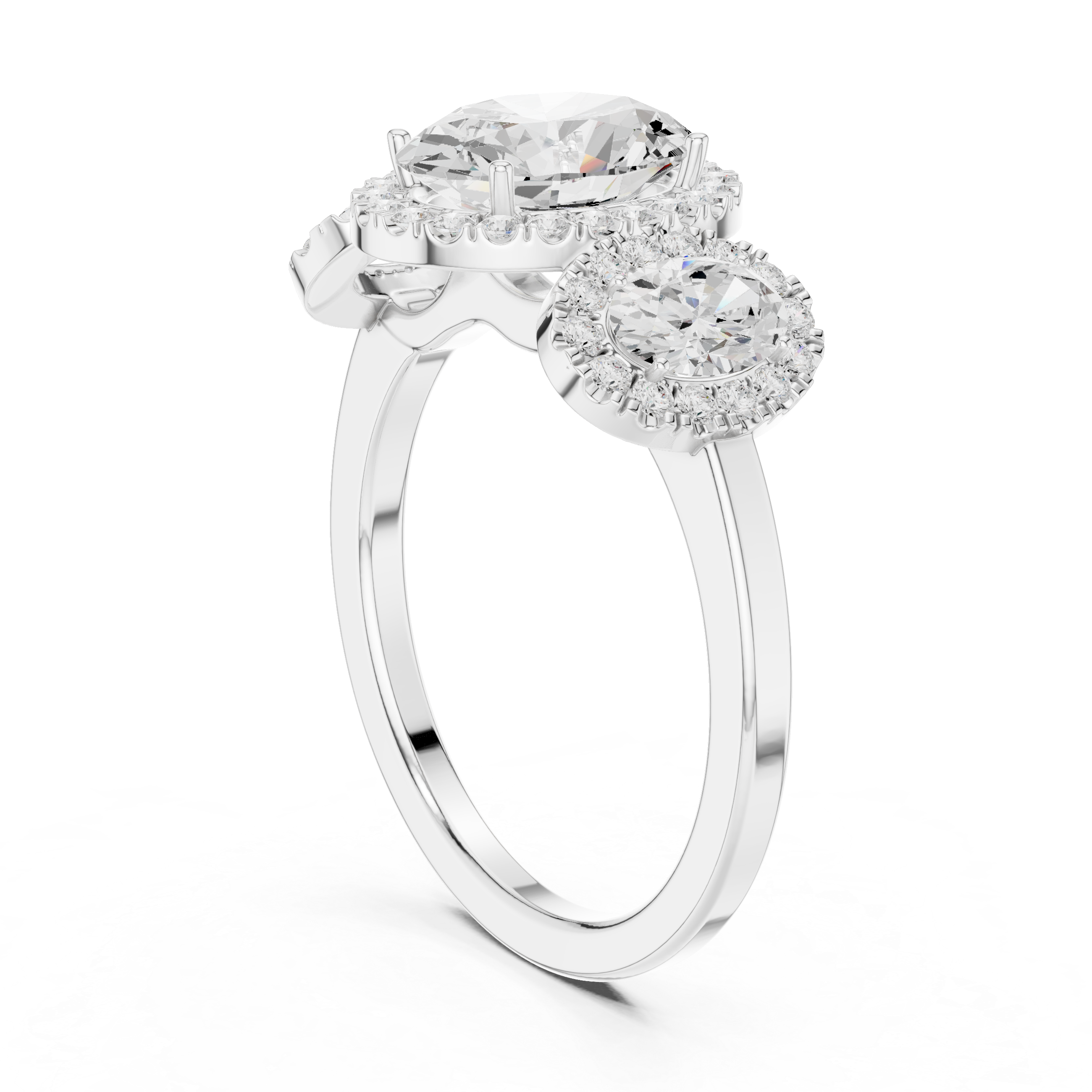Three Stone Oval Halo Engagement Ring with Diamond Accents