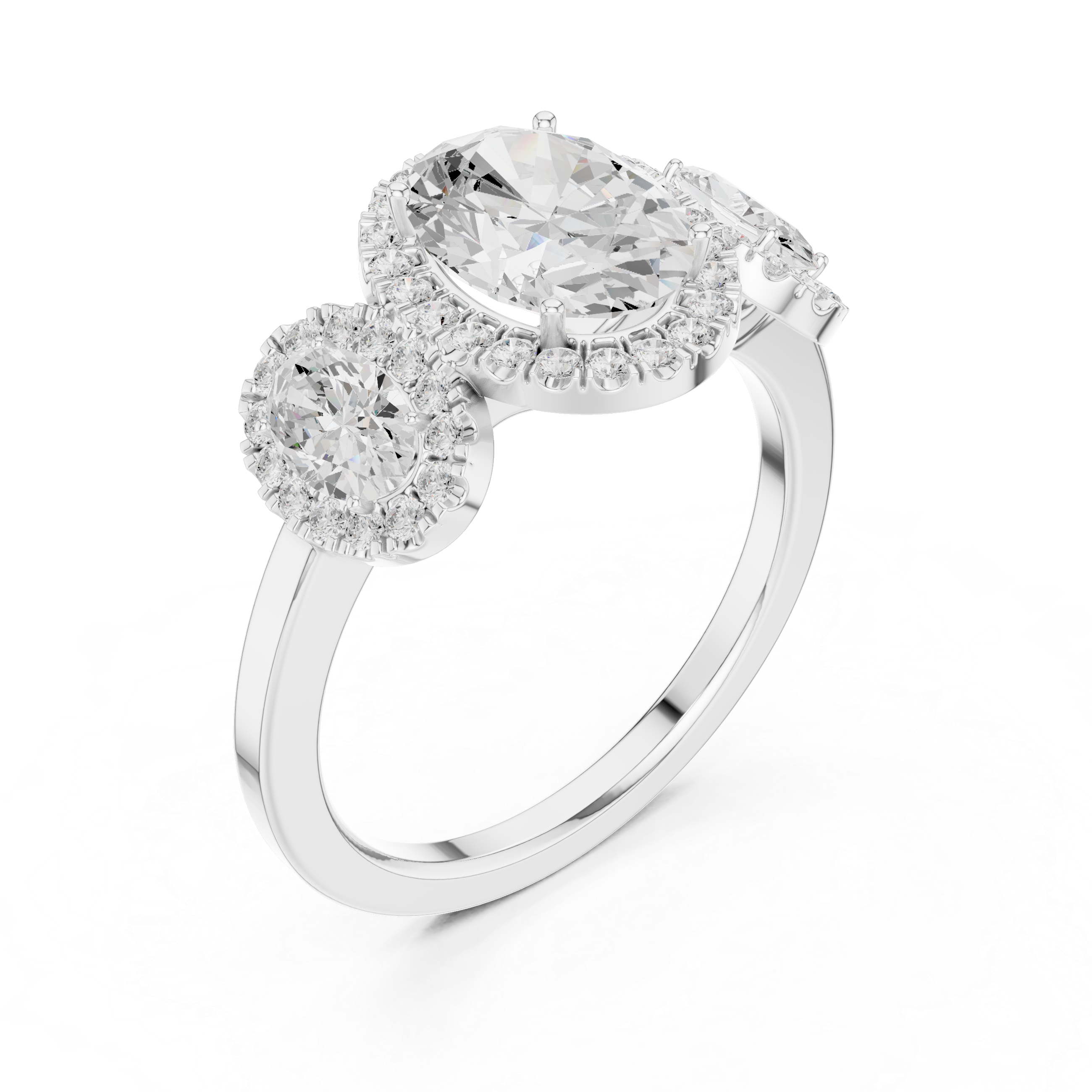 Three Stone Oval Halo Engagement Ring with Diamond Accents