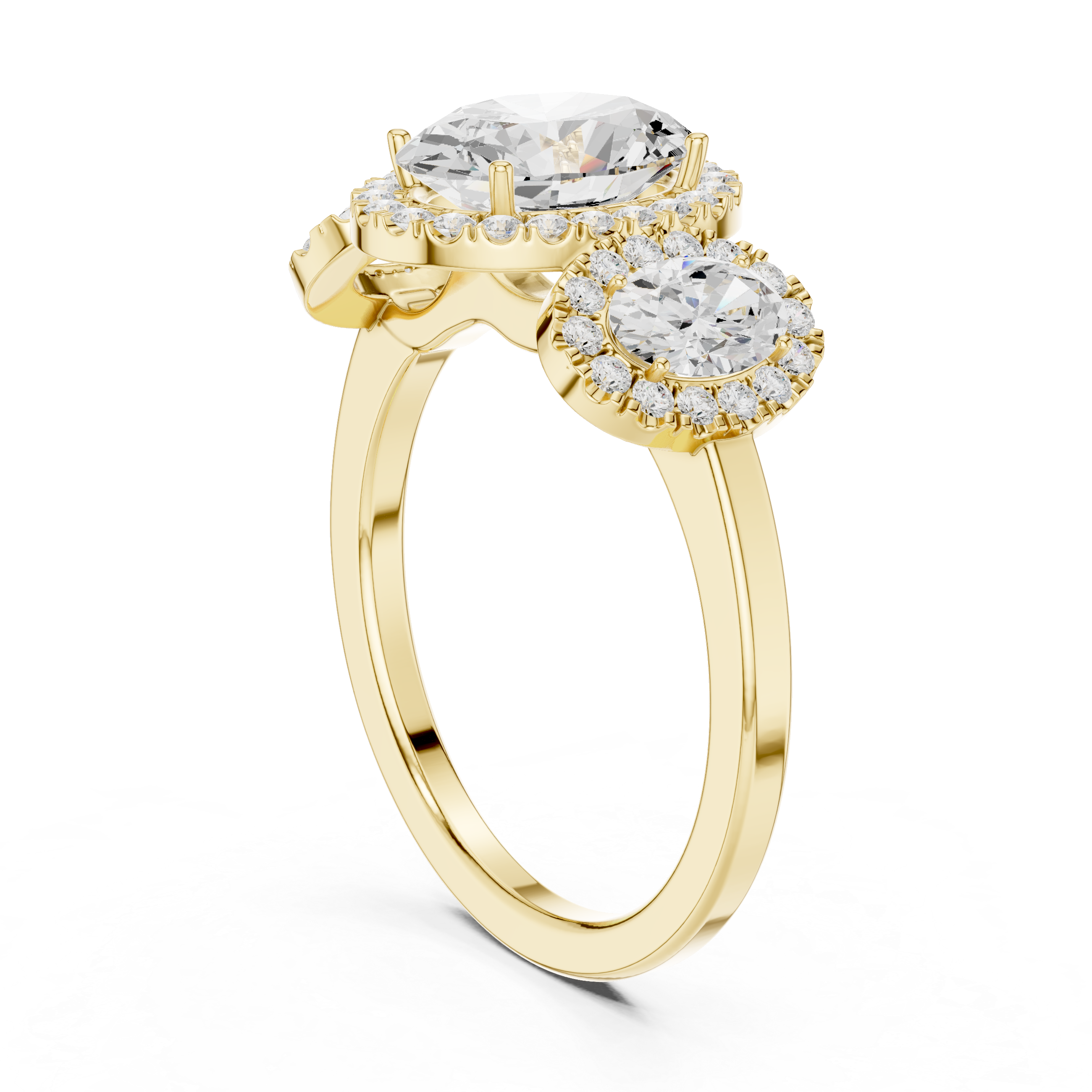 Three Stone Oval Halo Engagement Ring with Diamond Accents