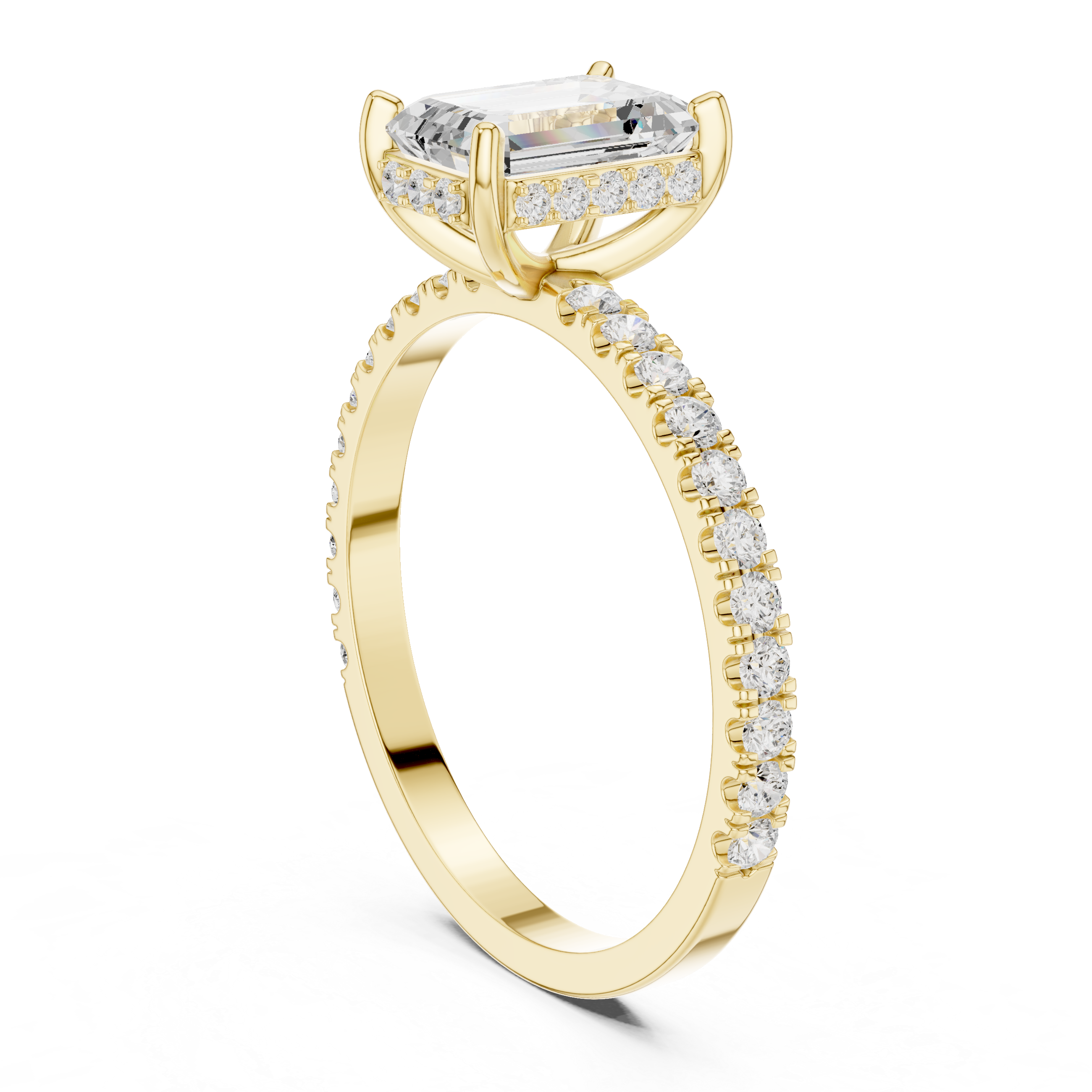 Emerald Cut Hidden Halo Engagement Ring with Pavé Diamond Band