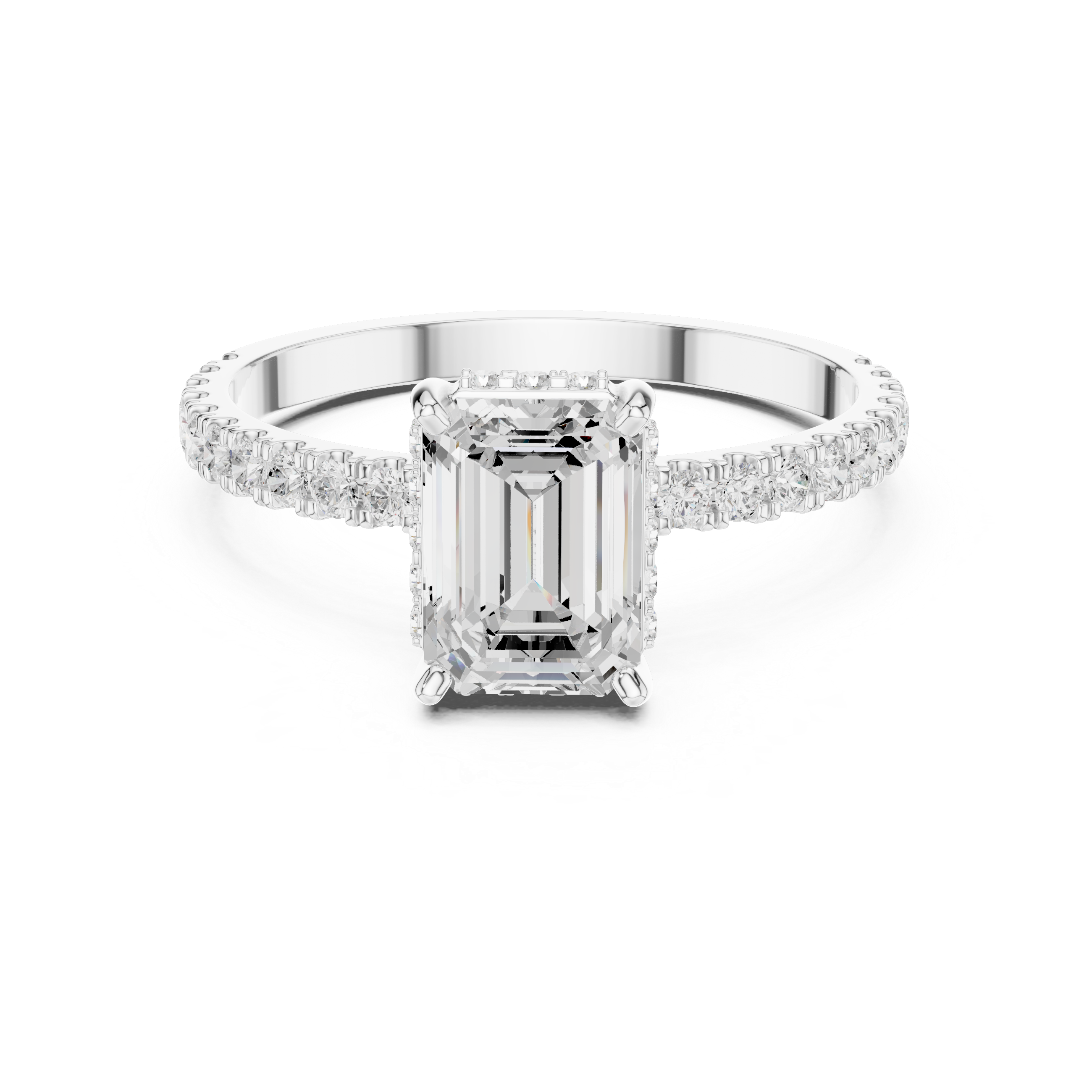 Emerald Cut Hidden Halo Engagement Ring with Pavé Diamond Band