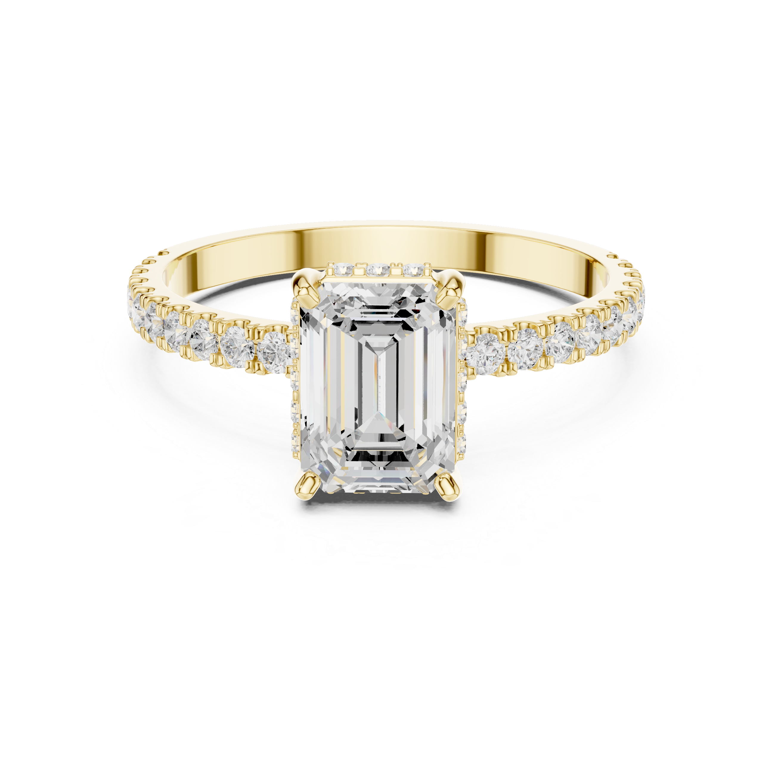 Emerald Cut Hidden Halo Engagement Ring with Pavé Diamond Band