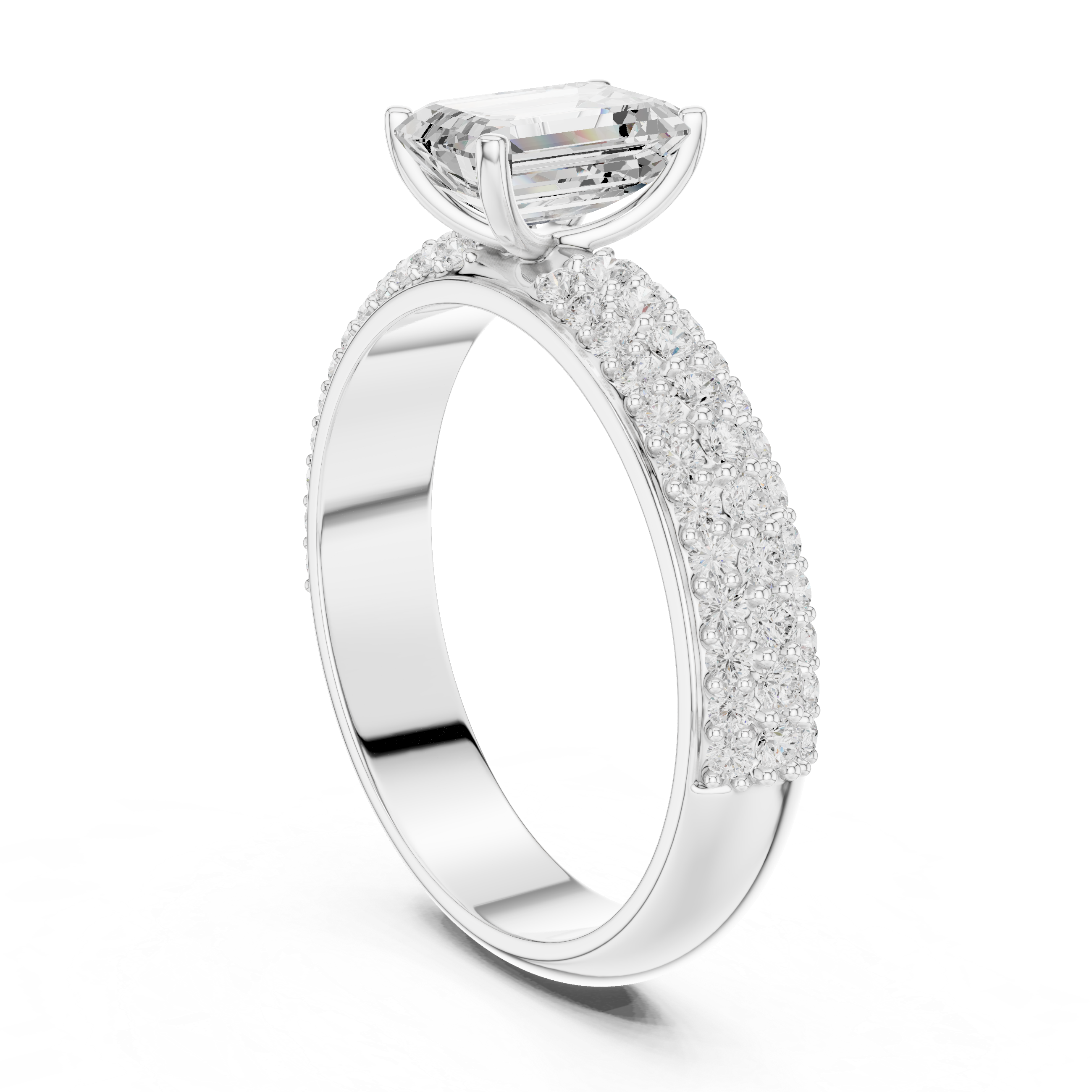 Emerald Cut Solitaire Engagement Ring with Triple Row Pavé Diamond Band