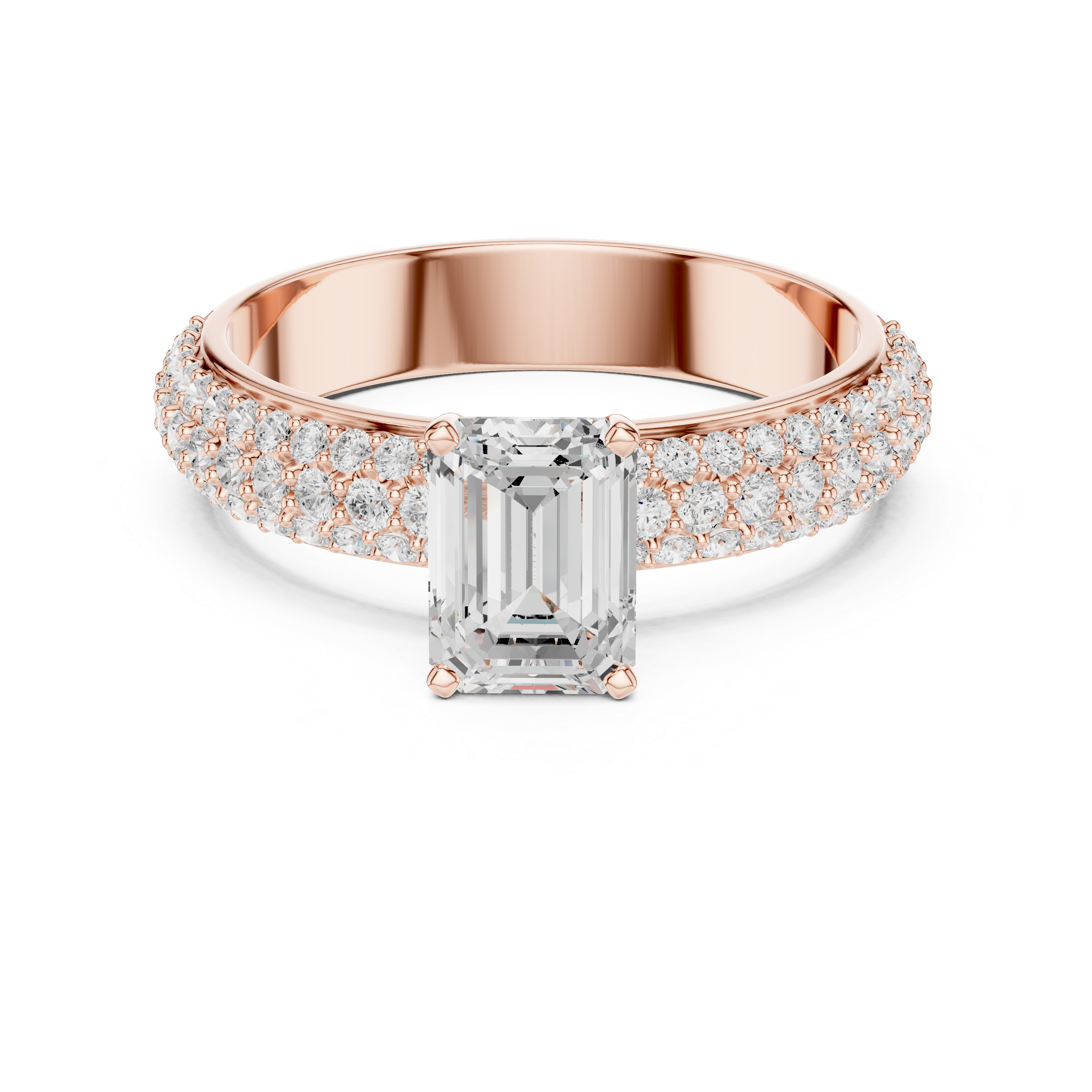 Emerald Cut Solitaire Engagement Ring with Triple Row Pavé Diamond Band