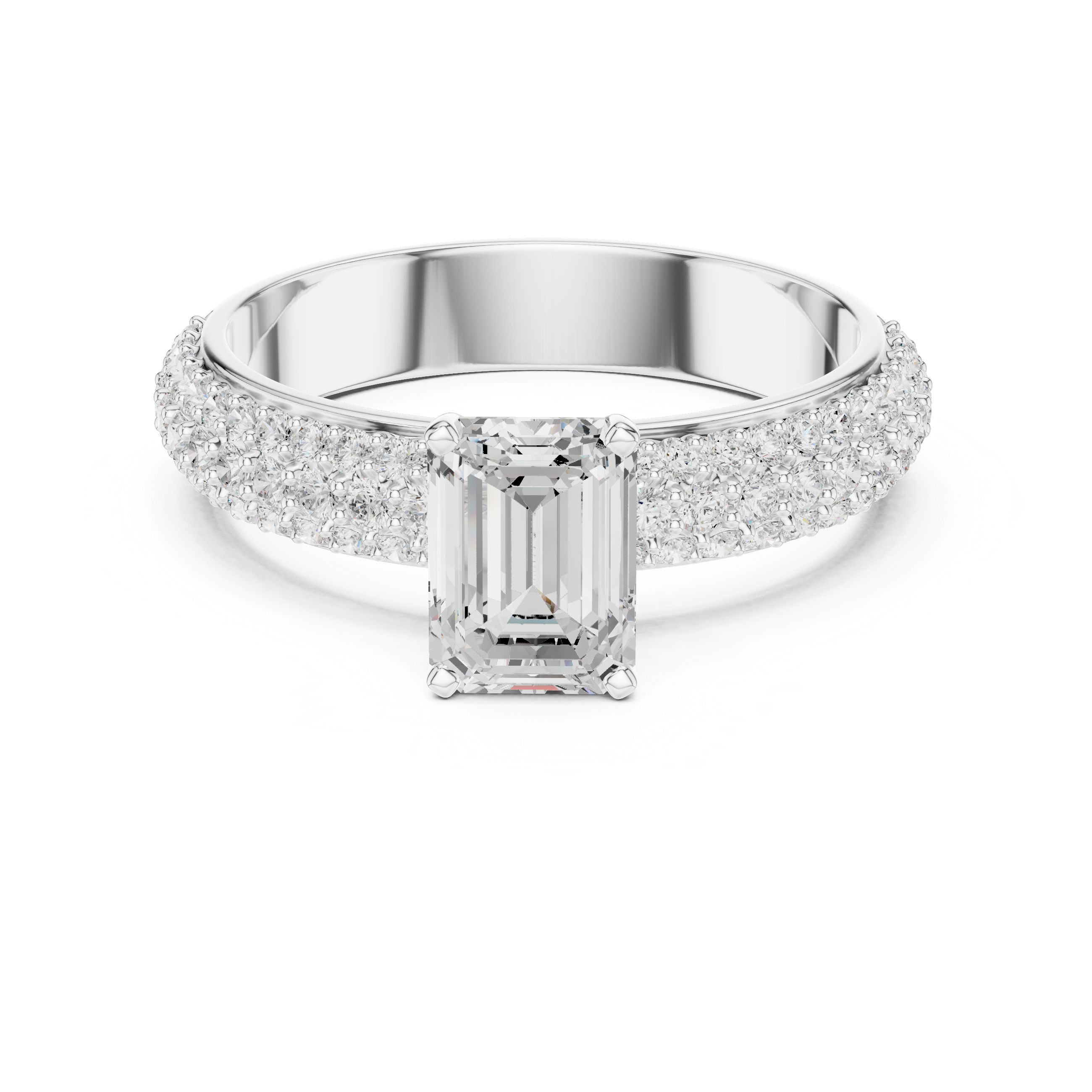 Emerald Cut Solitaire Engagement Ring with Triple Row Pavé Diamond Band