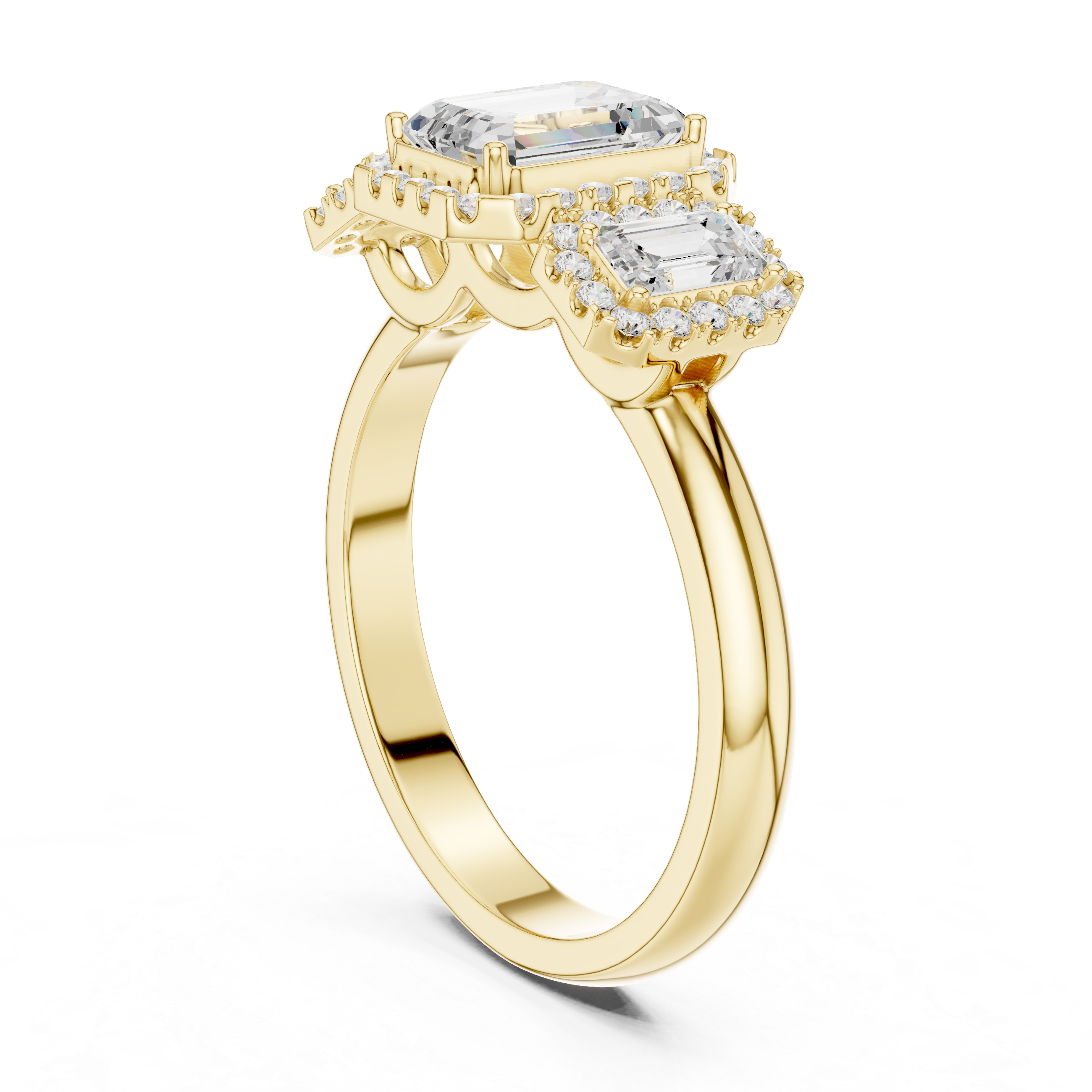 Emerald Cut Three-Stone Halo Engagement Ring with Double Halo Diamond Accents