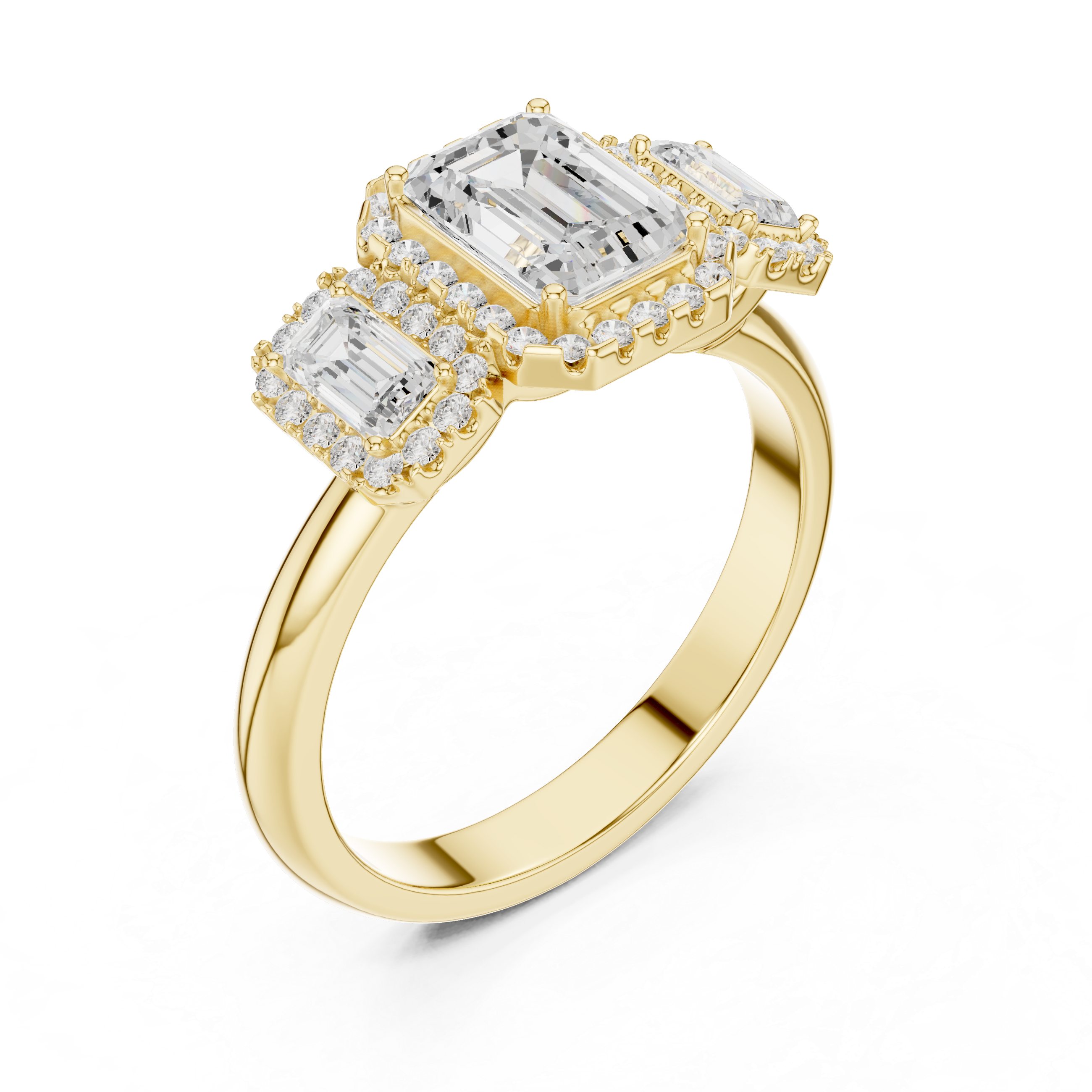 Emerald Cut Three-Stone Halo Engagement Ring with Double Halo Diamond Accents