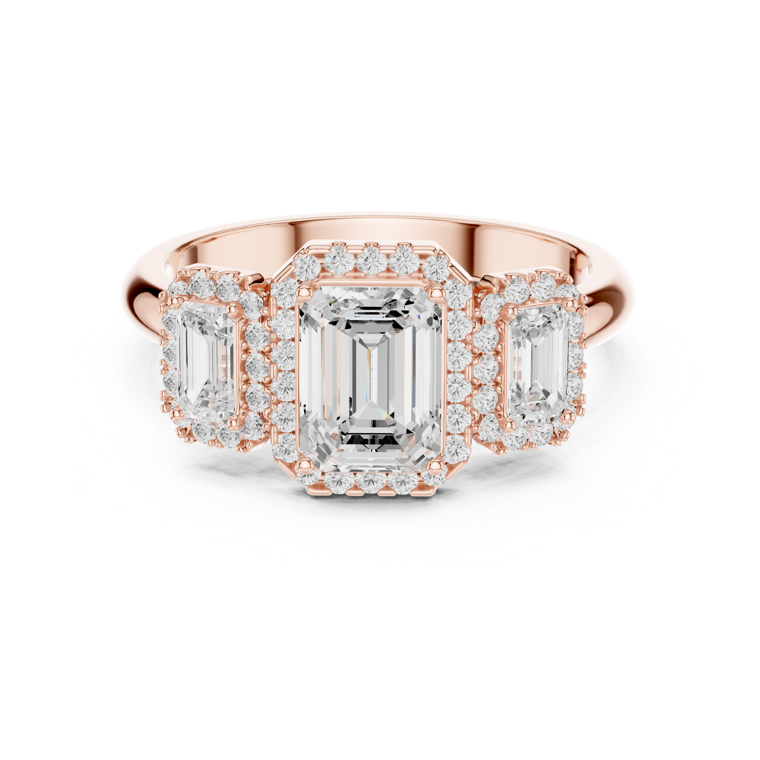 Emerald Cut Three-Stone Halo Engagement Ring with Double Halo Diamond Accents