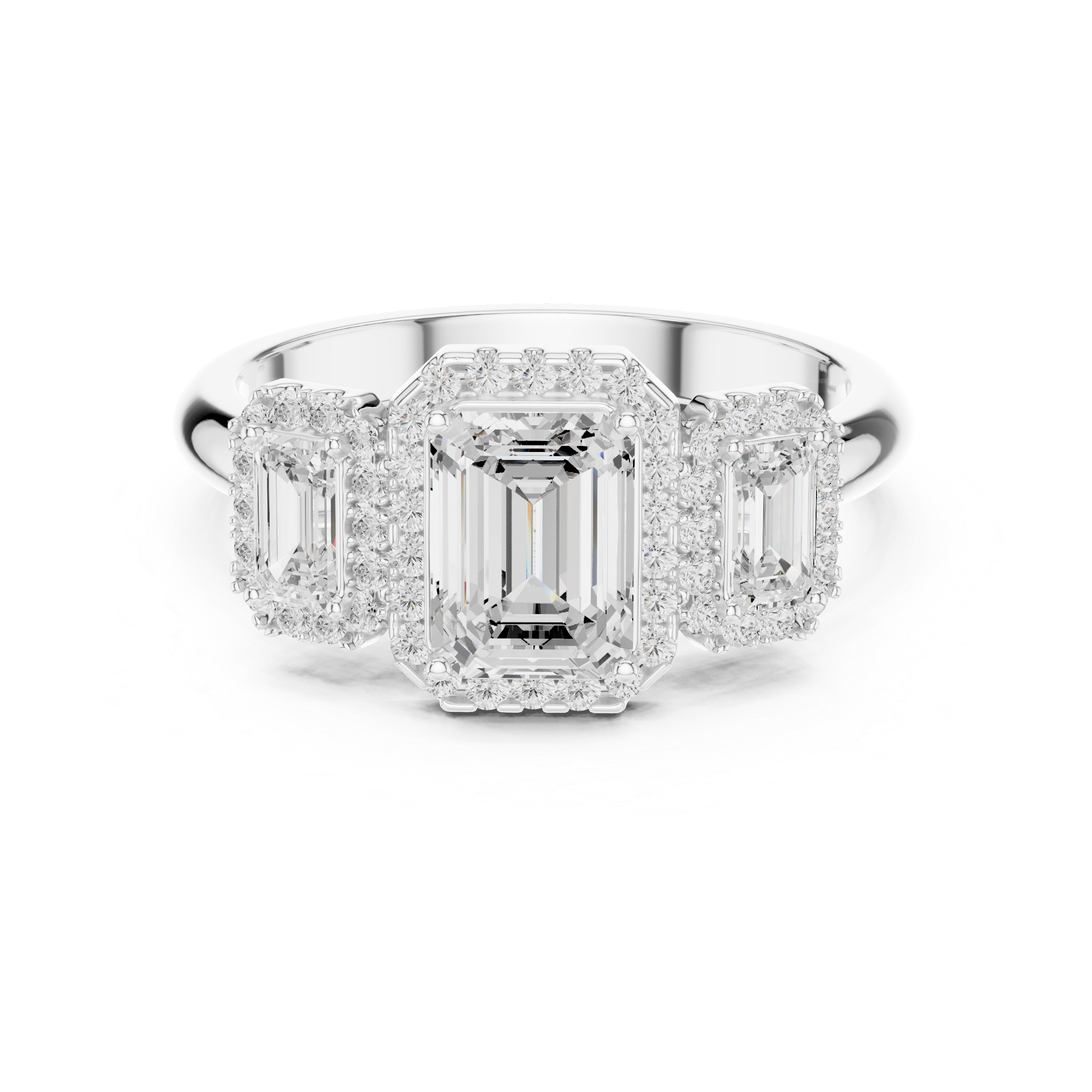 Emerald Cut Three-Stone Halo Engagement Ring with Double Halo Diamond Accents