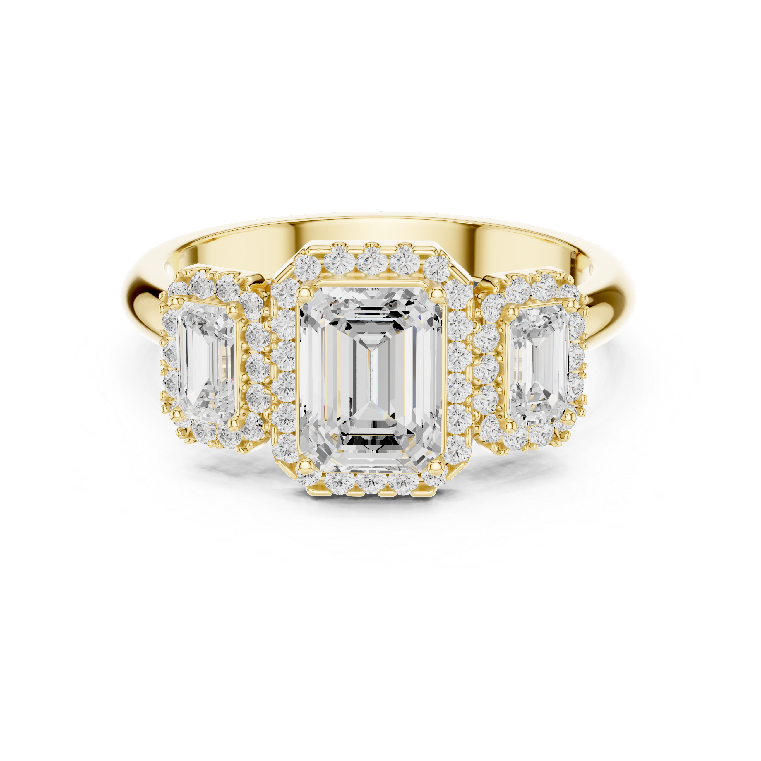 Emerald Cut Three-Stone Halo Engagement Ring with Double Halo Diamond Accents