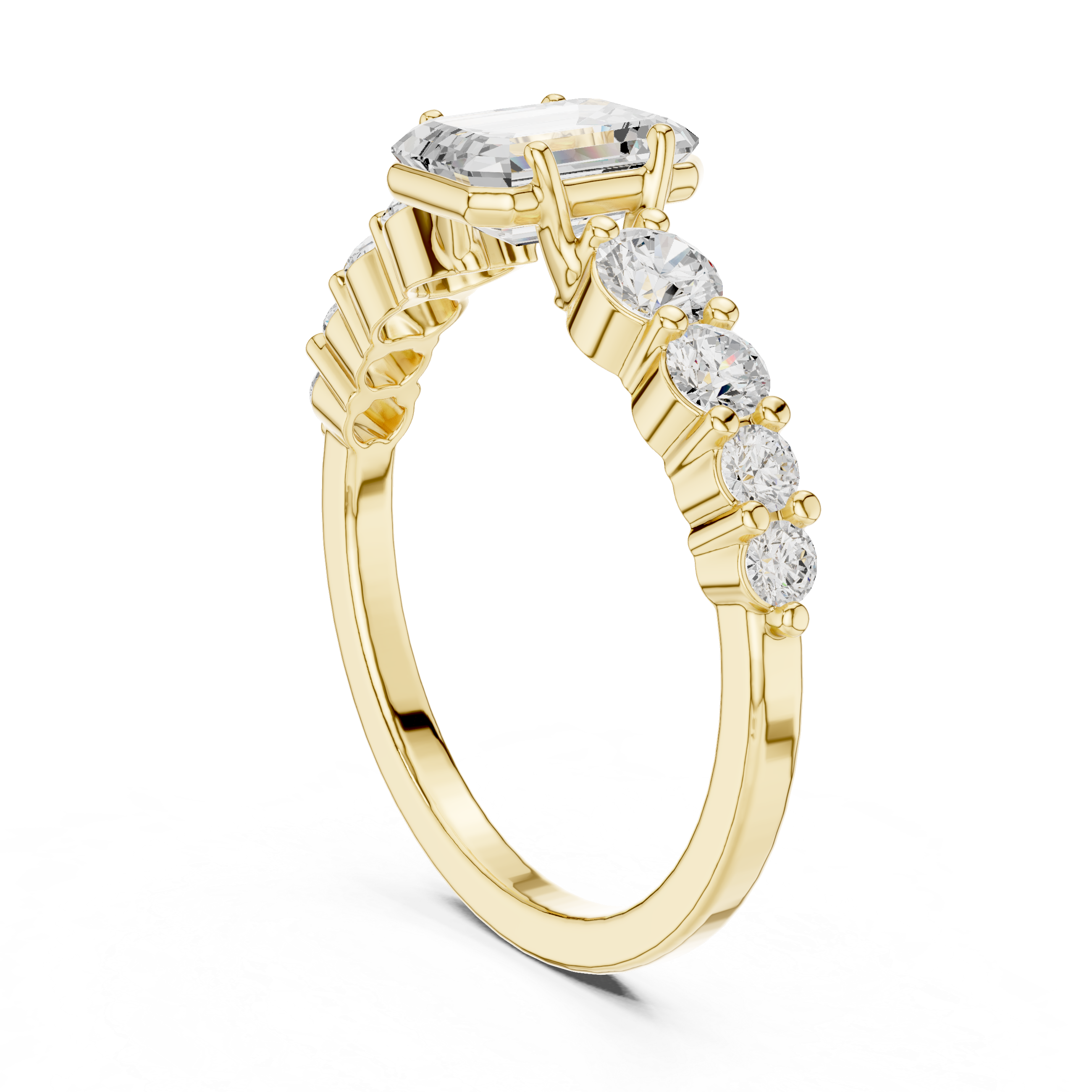 Emerald Cut Three-Stone Engagement Ring with Graduated Round Diamond Accents