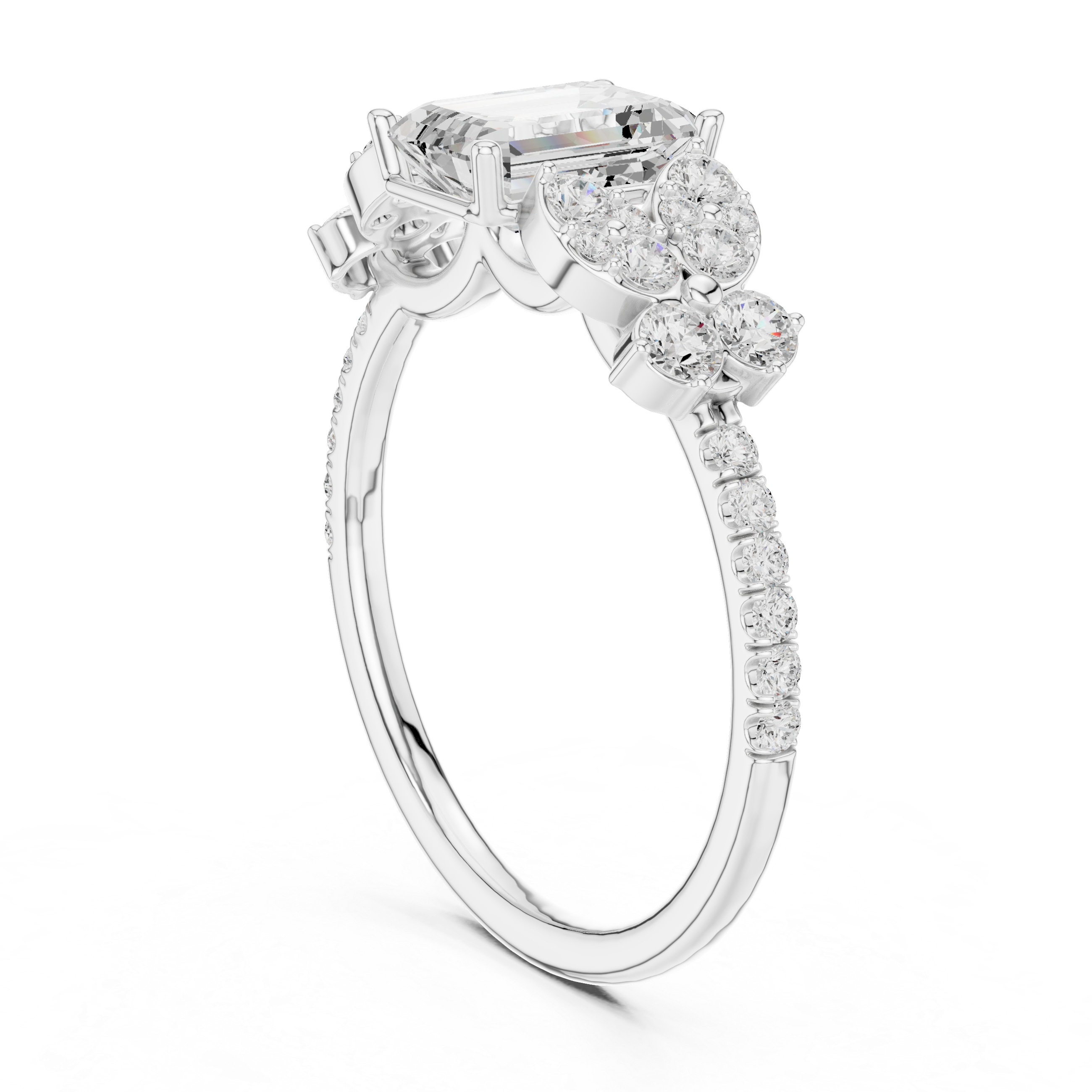 Emerald Cut Floral Halo Engagement Ring with Diamond Leaf Accents