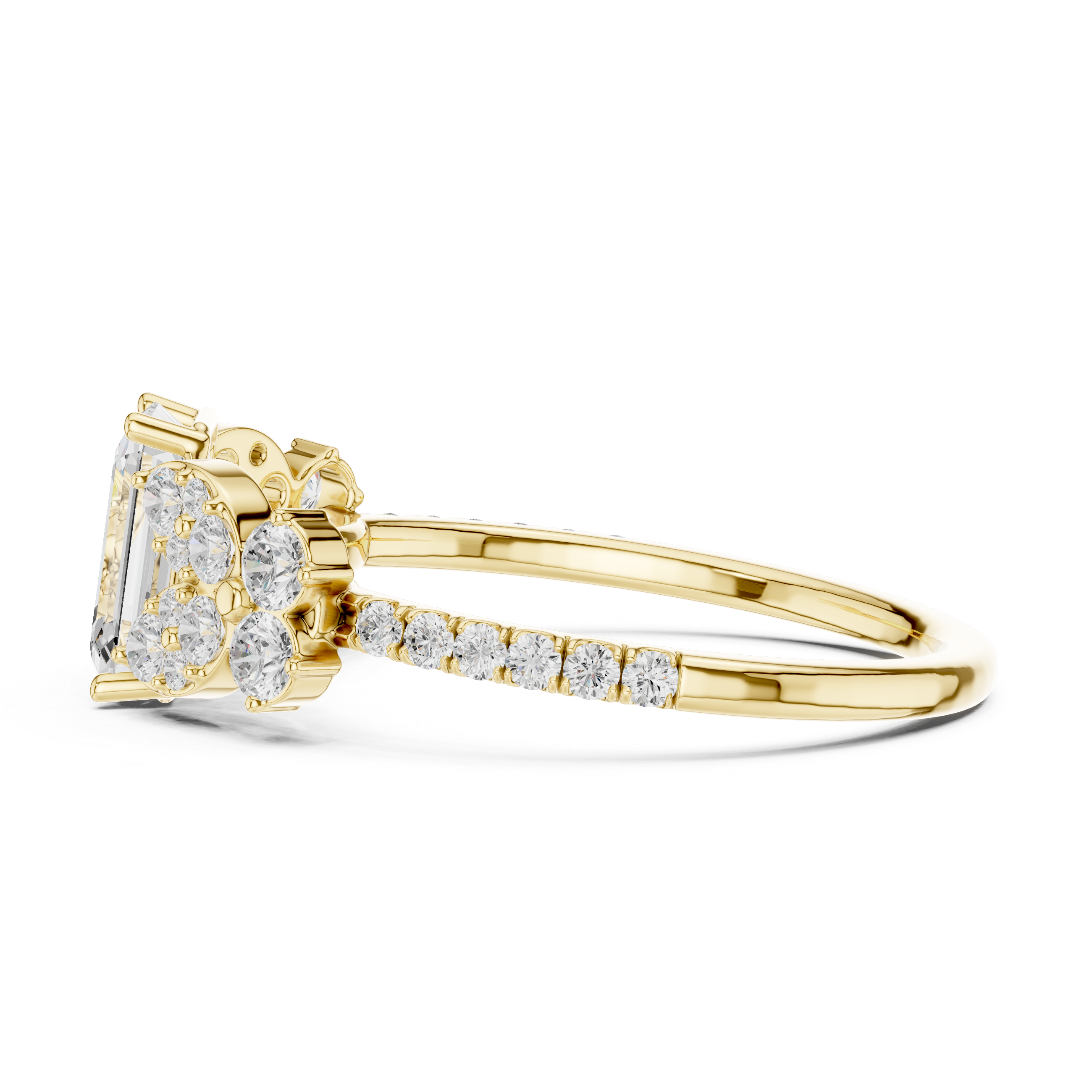 Emerald Cut Floral Halo Engagement Ring with Diamond Leaf Accents