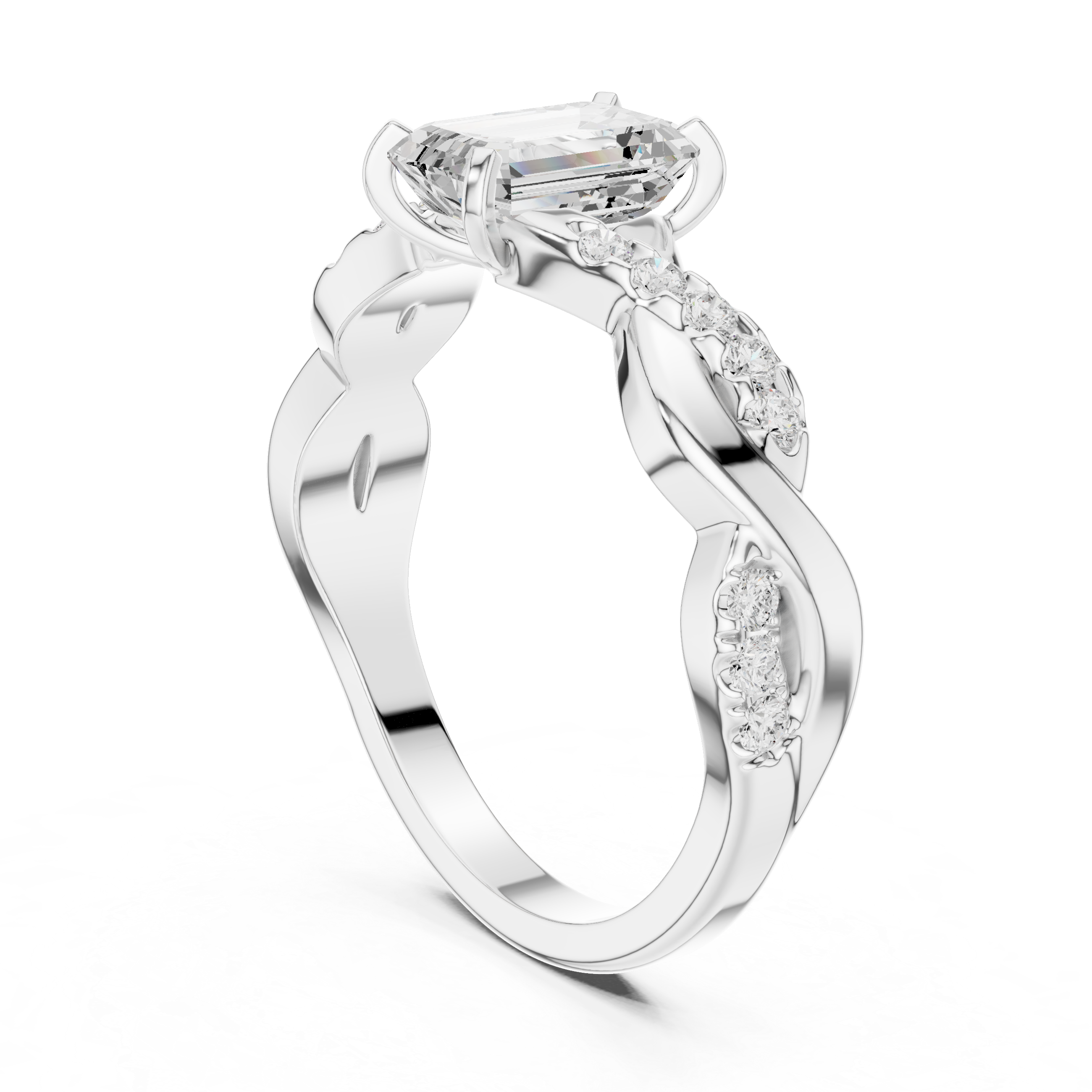 Emerald Cut Diamond Twist Engagement Ring with Infinity Pavé Band