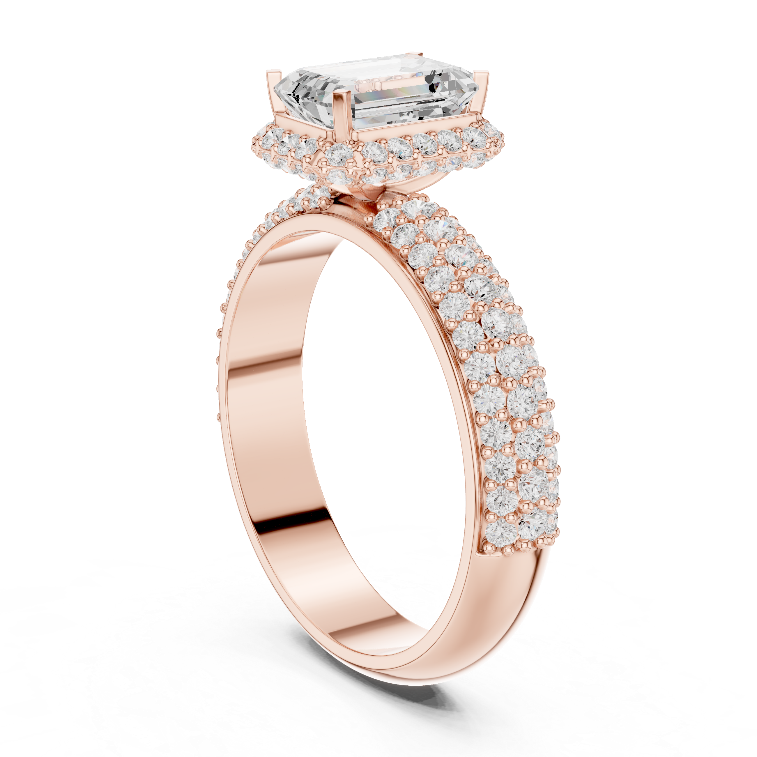 Emerald Cut Halo Engagement Ring with Triple Pavé Diamond Band