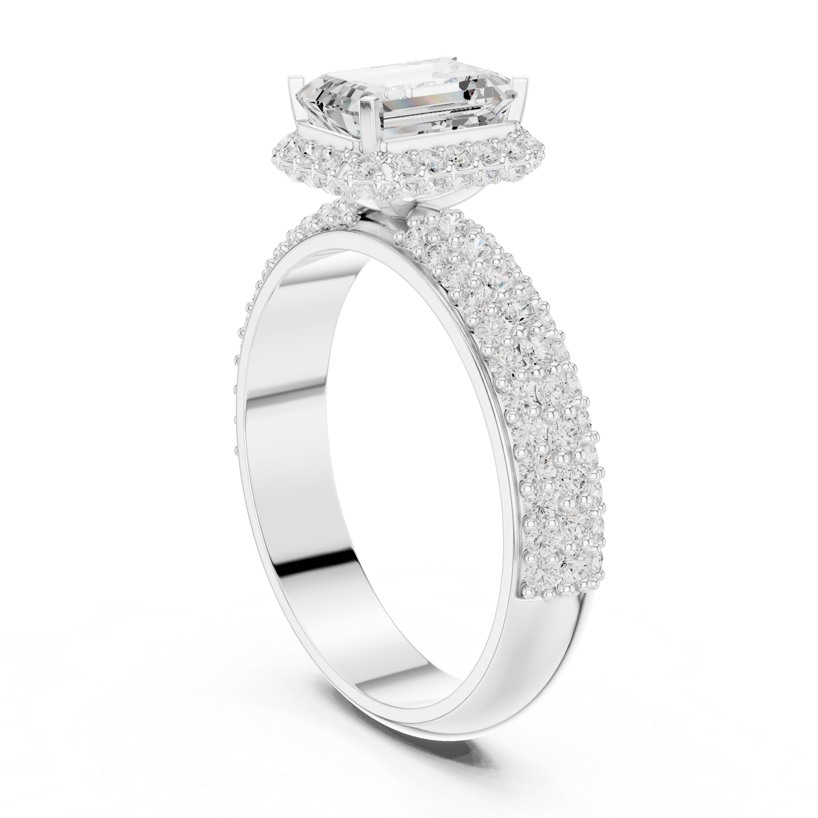 Emerald Cut Halo Engagement Ring with Triple Pavé Diamond Band