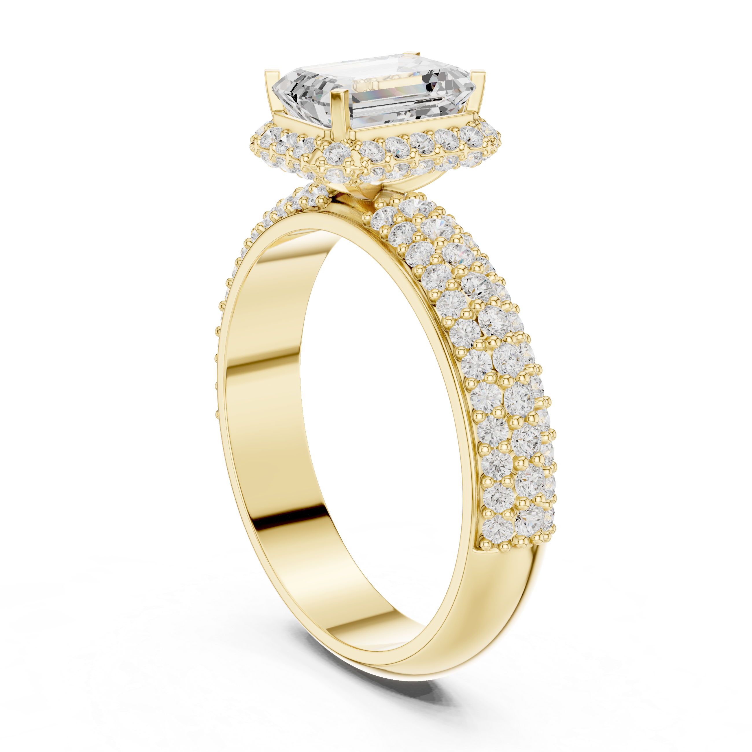 Emerald Cut Halo Engagement Ring with Triple Pavé Diamond Band