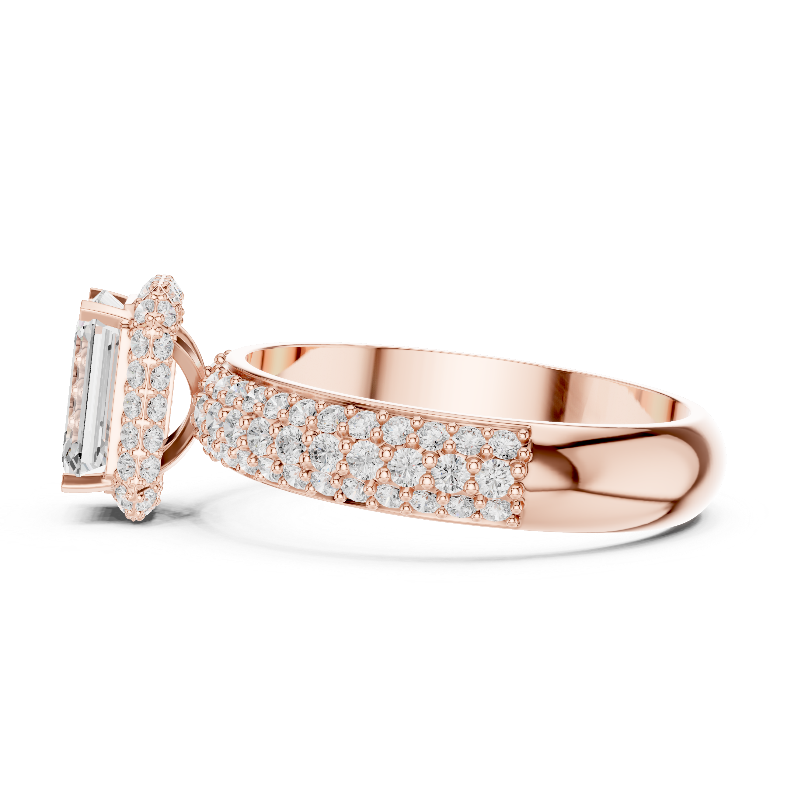 Emerald Cut Halo Engagement Ring with Triple Pavé Diamond Band