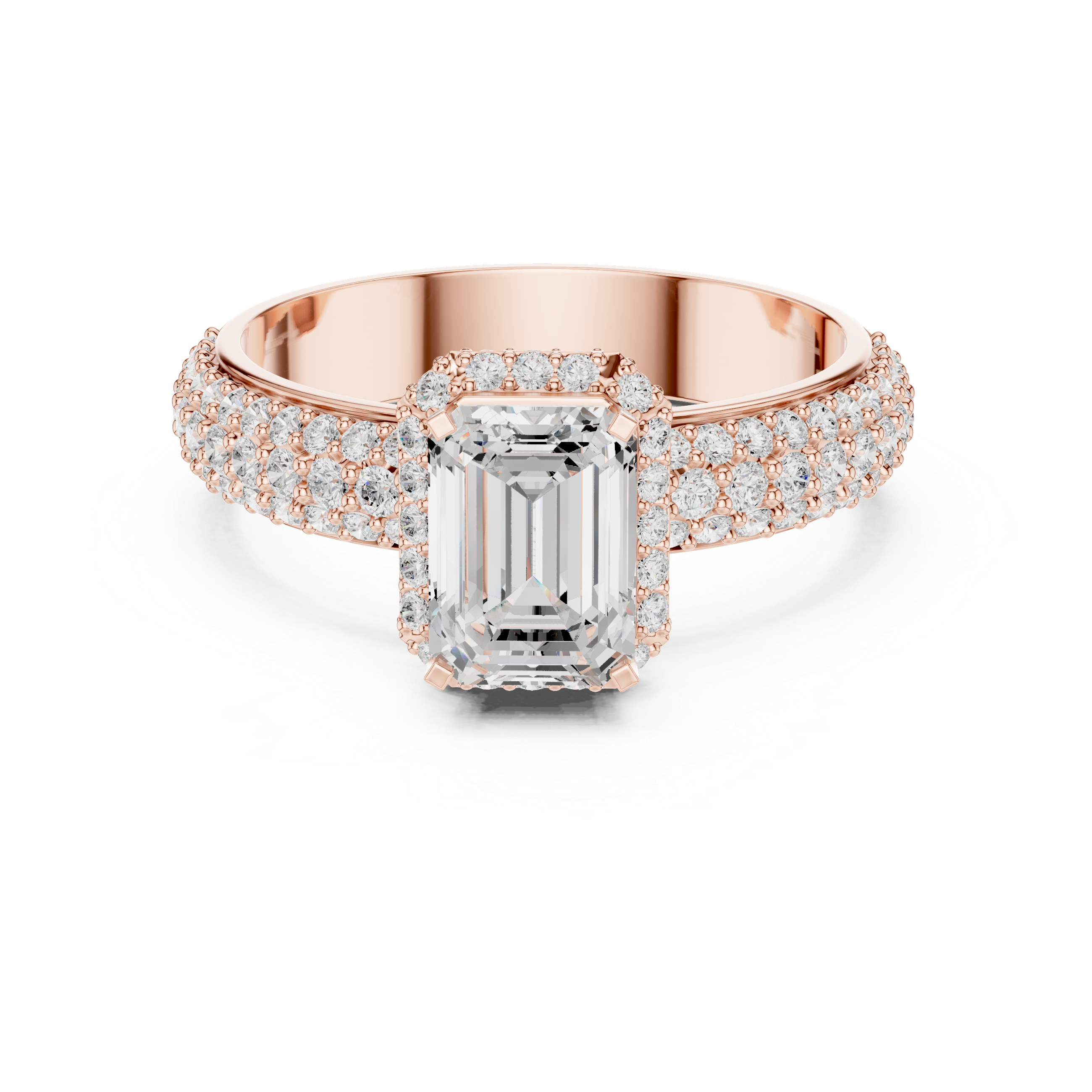 Emerald Cut Halo Engagement Ring with Triple Pavé Diamond Band